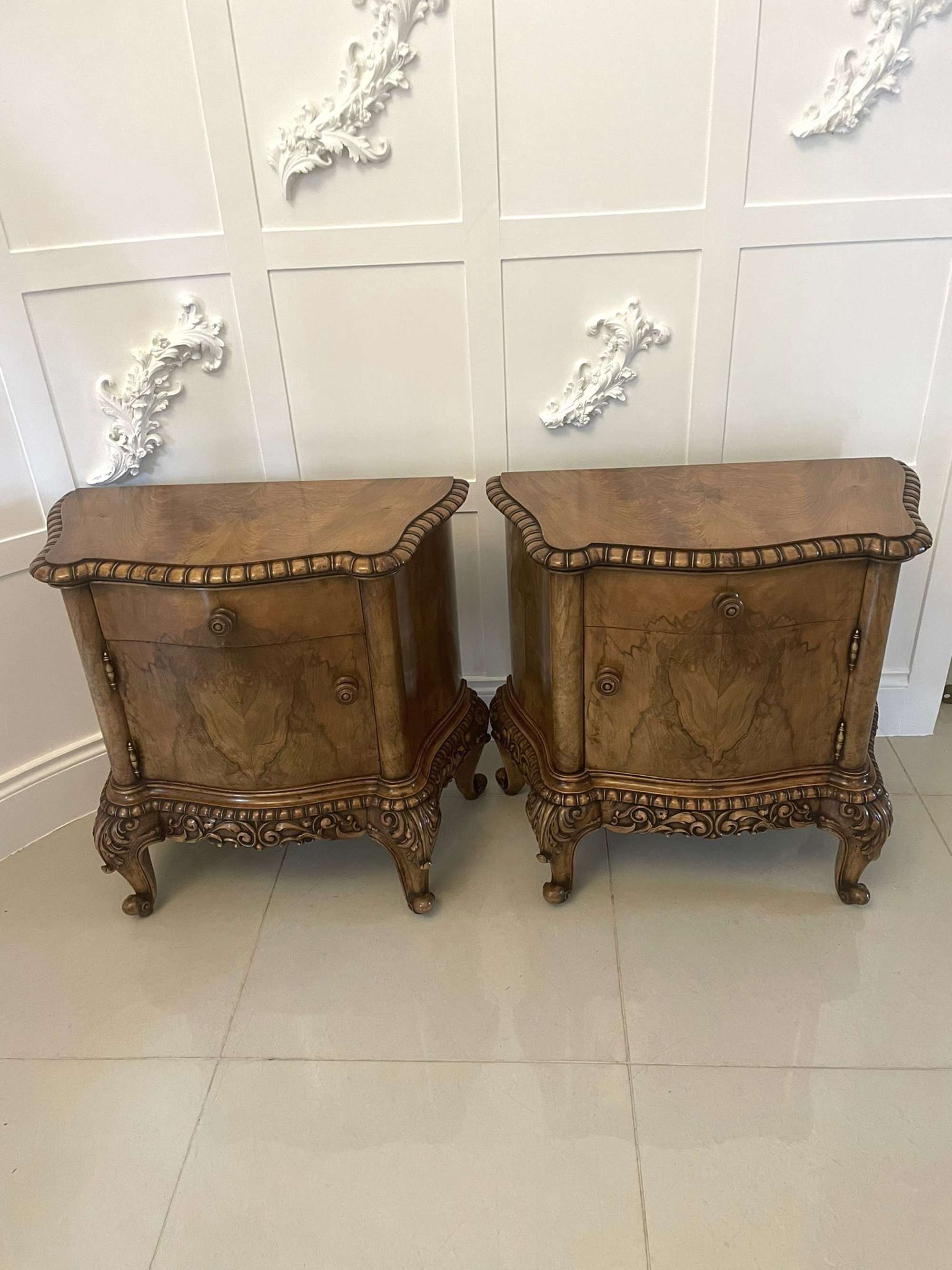 Outstanding Pair Of Antique Figured And Carved Walnut Bedside Cabinets