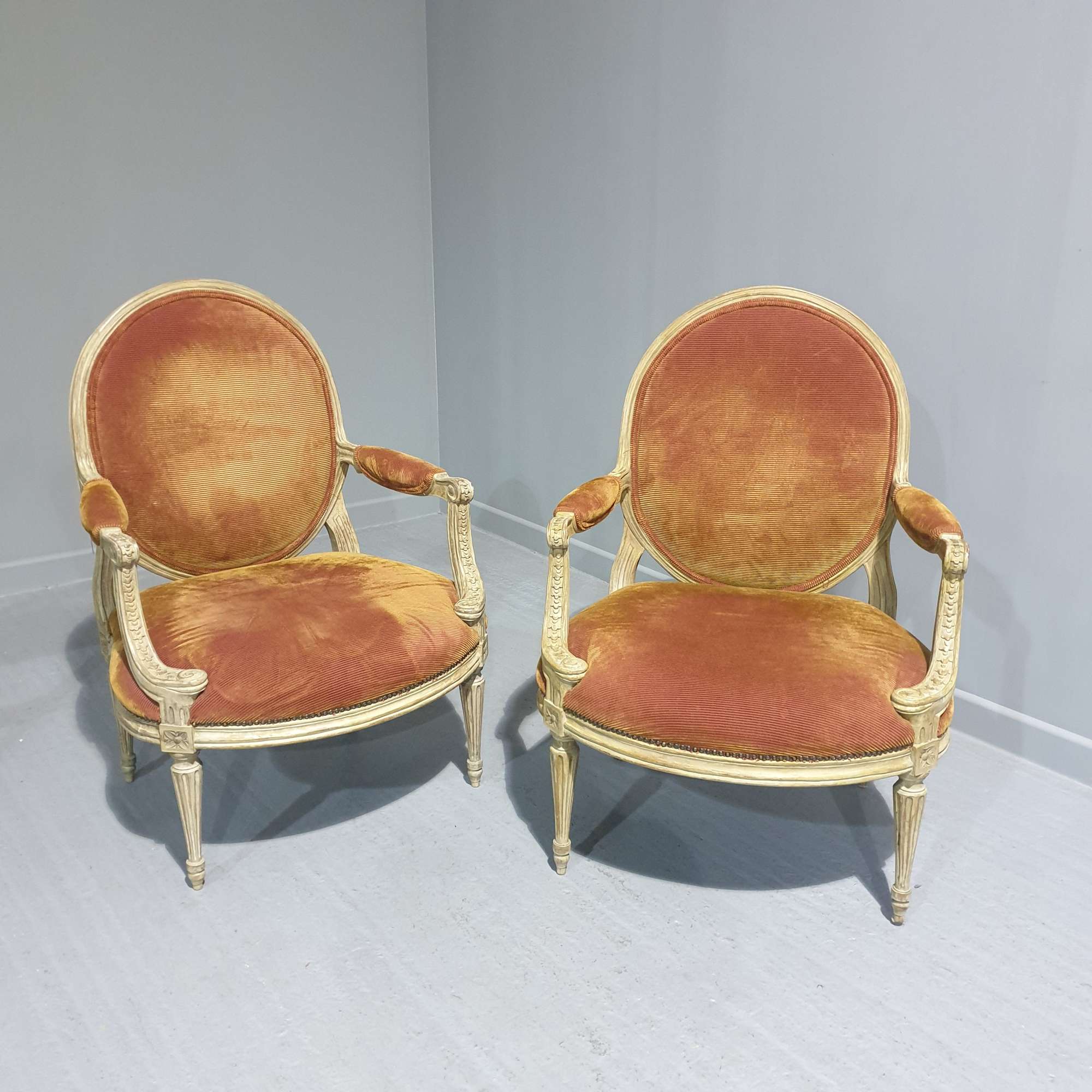 Pair French  Painted  Fauteuil Armchairs