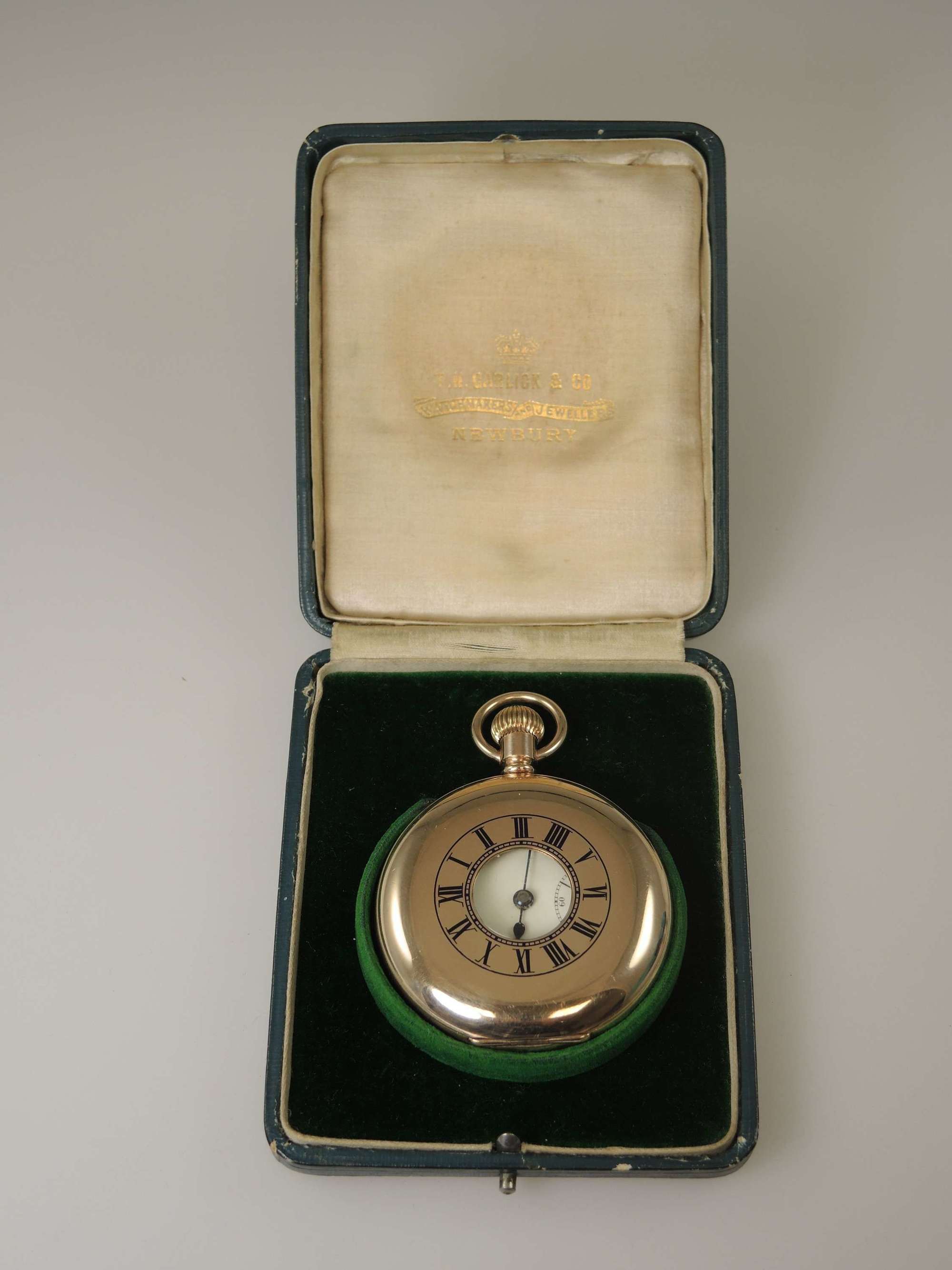 English gold plated half hunter pocket watch. With original box c1900