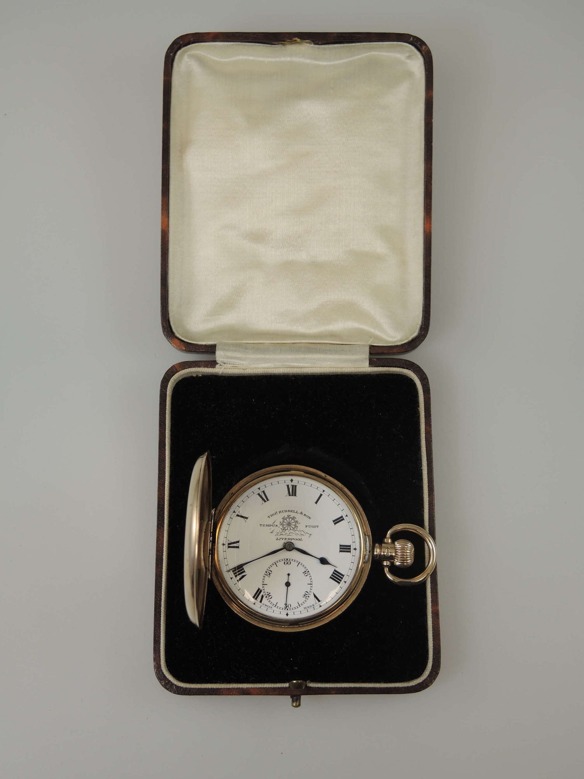 English 9K Gold Full Hunter pocket watch by Thos Russell c1921