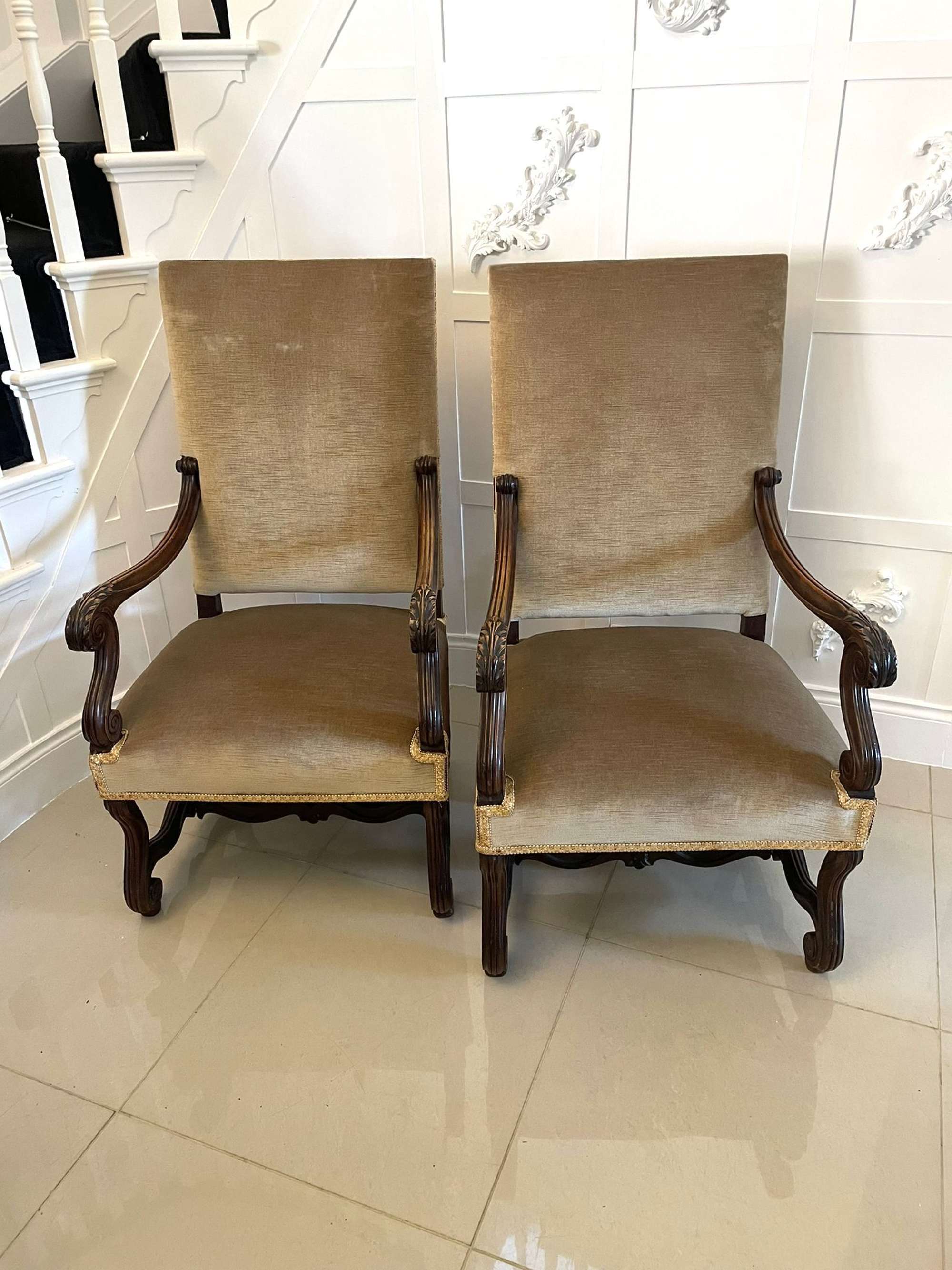 Large Pair Of Antique French Victorian Quality Walnut  Armchairs