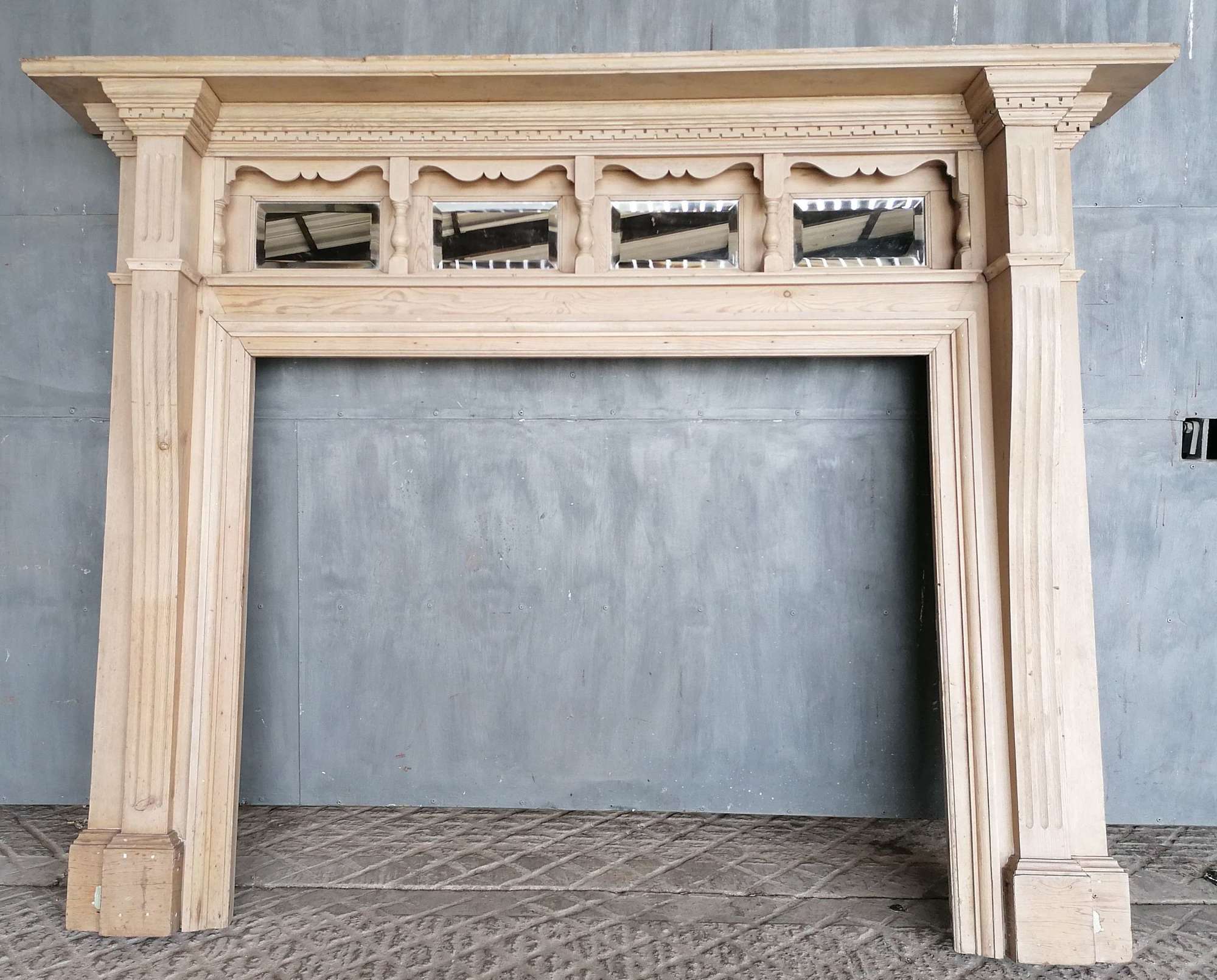 FS0210 LARGE RECLAIMED EDWARDIAN CARVED MIRRORED PINE FIRE SURROUND