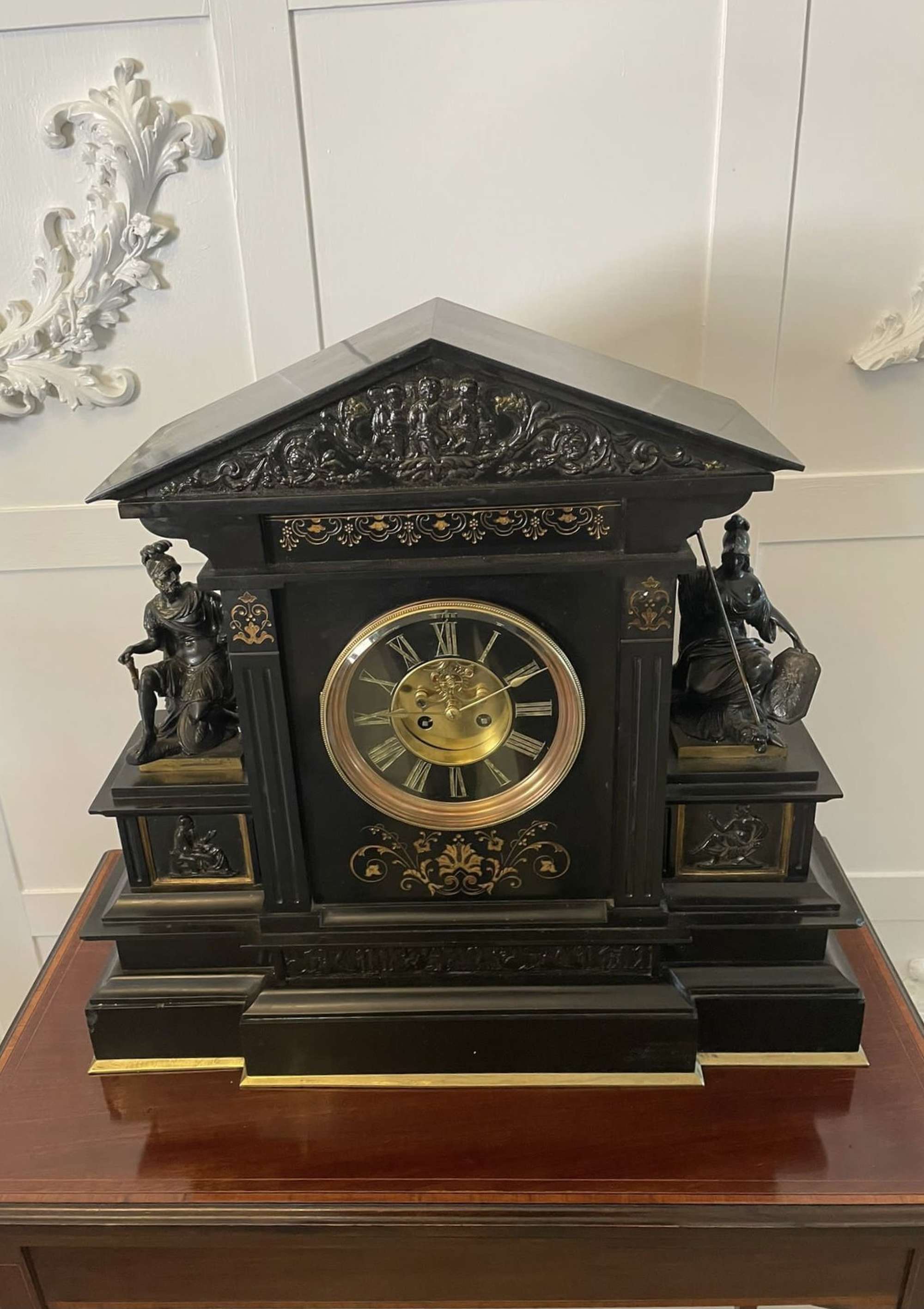 Extremely Large Antique Quality Marble And Bronze Mantle Clock
