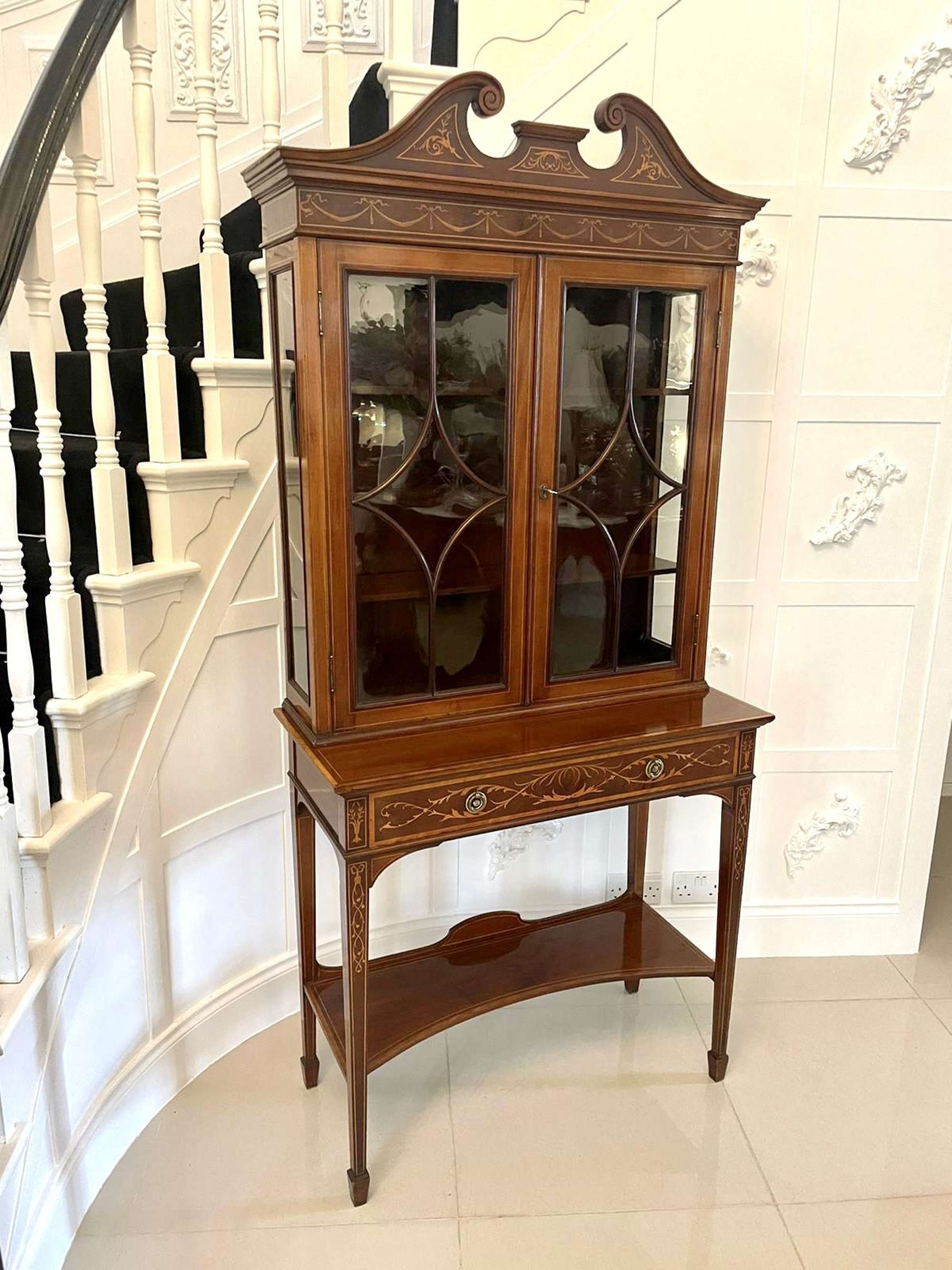 Quality Antique Mahogany Inlaid Display Cabinet By Edwards & Roberts