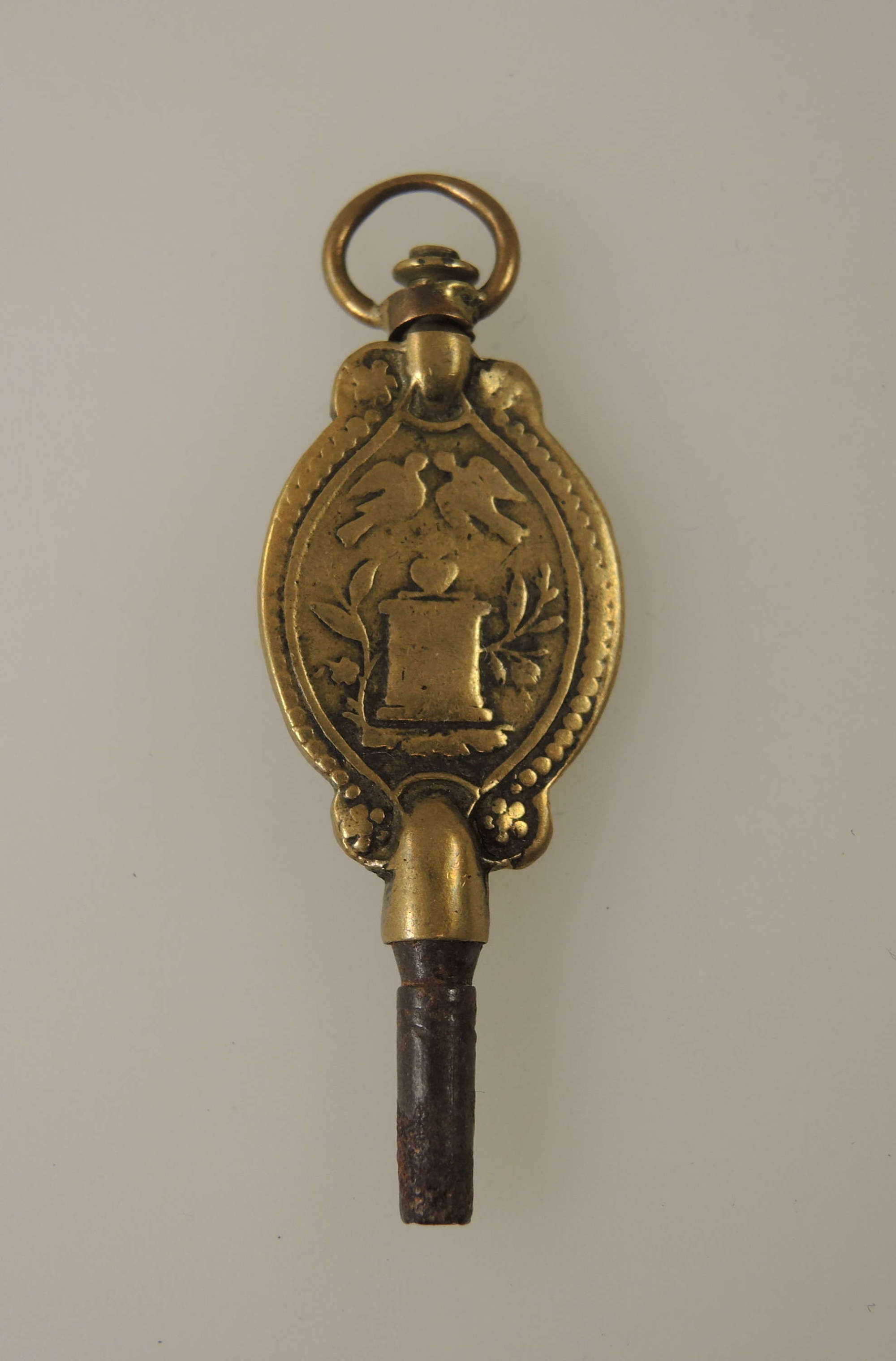 French gilt pocket watch key with love birds motif c1800