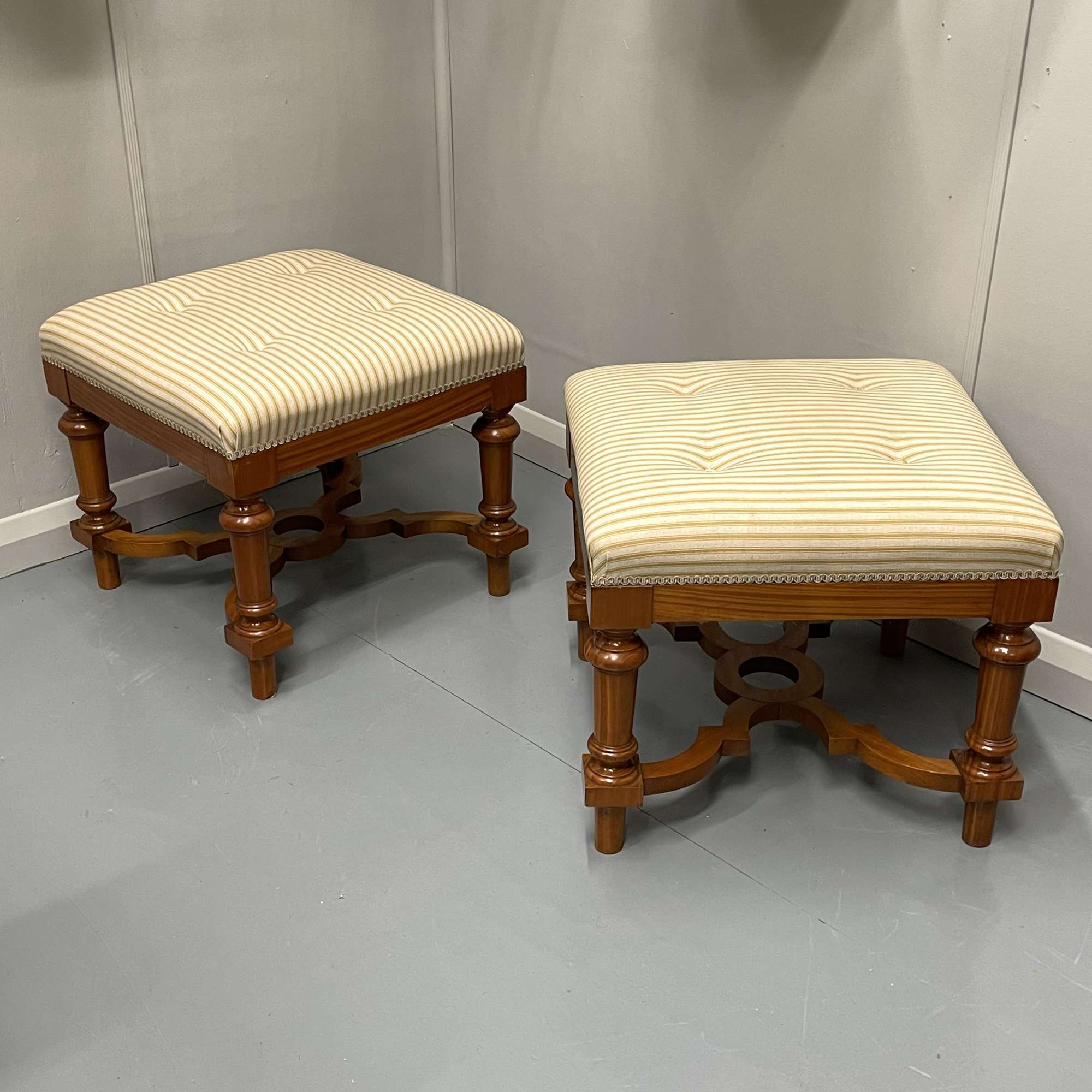 Pair Of French Satinwood Stools With Buttoned Ticking Stripes