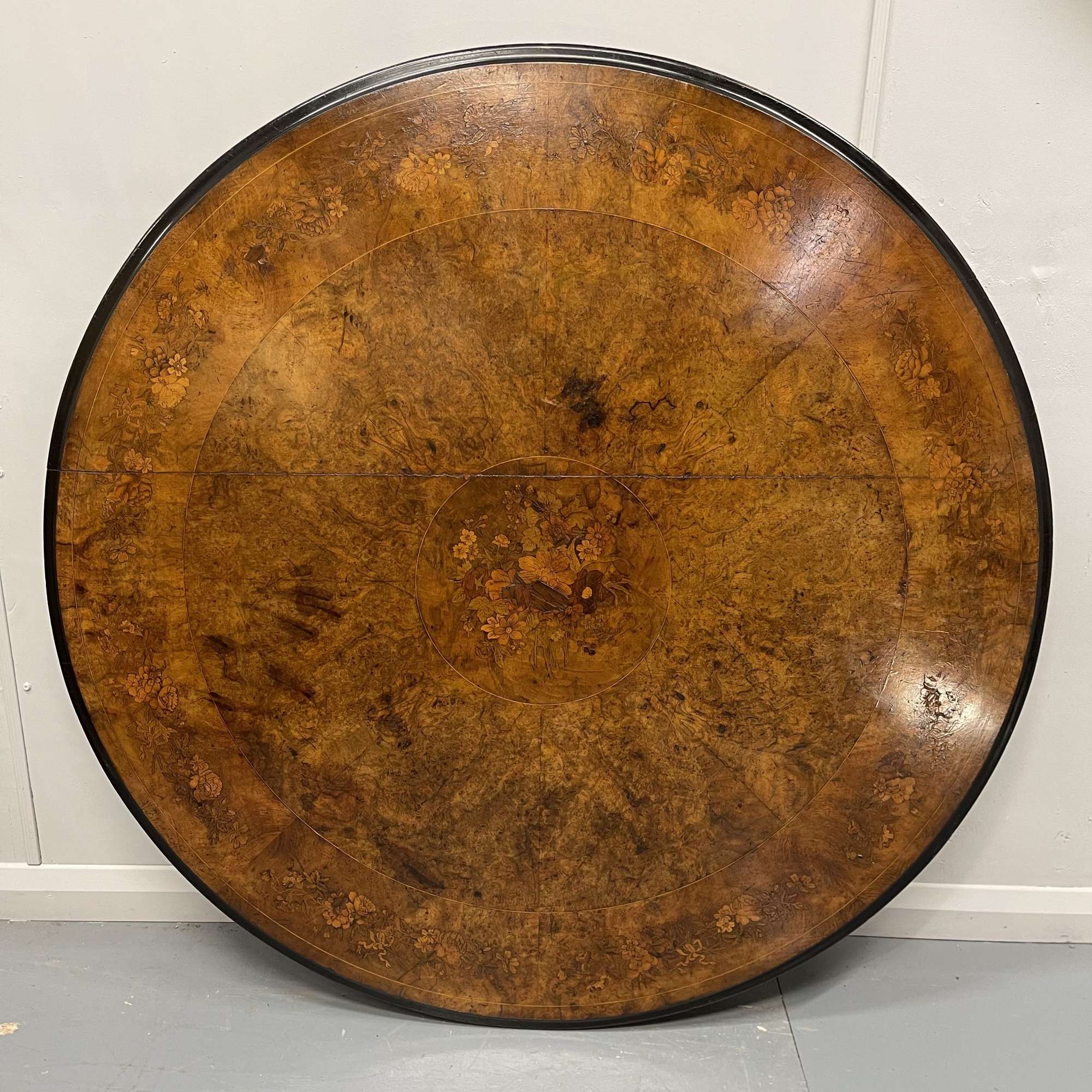 Large burr walnut and marquetry centre table