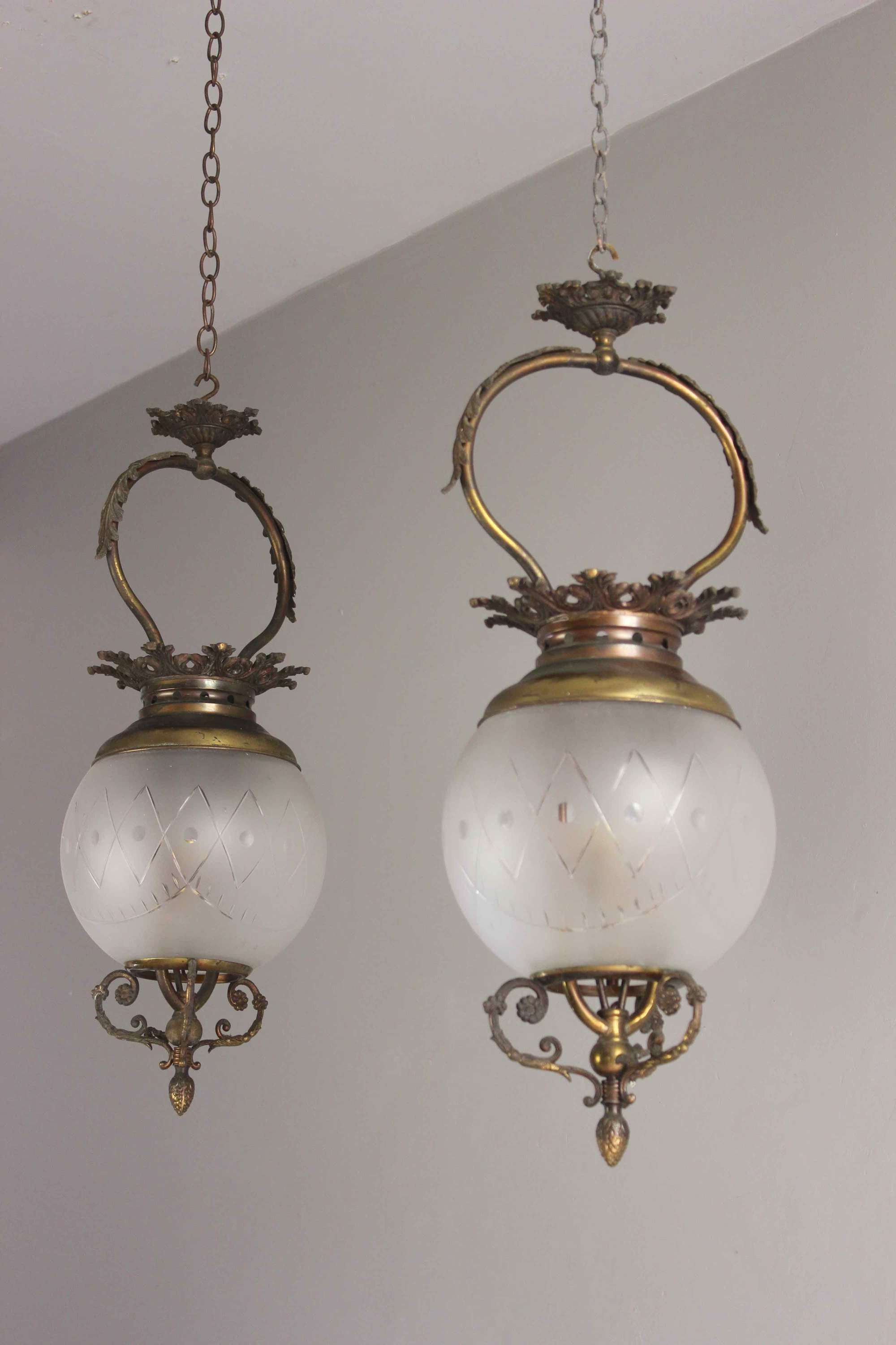 Pair of Italian etched glass traditional globe lanterns