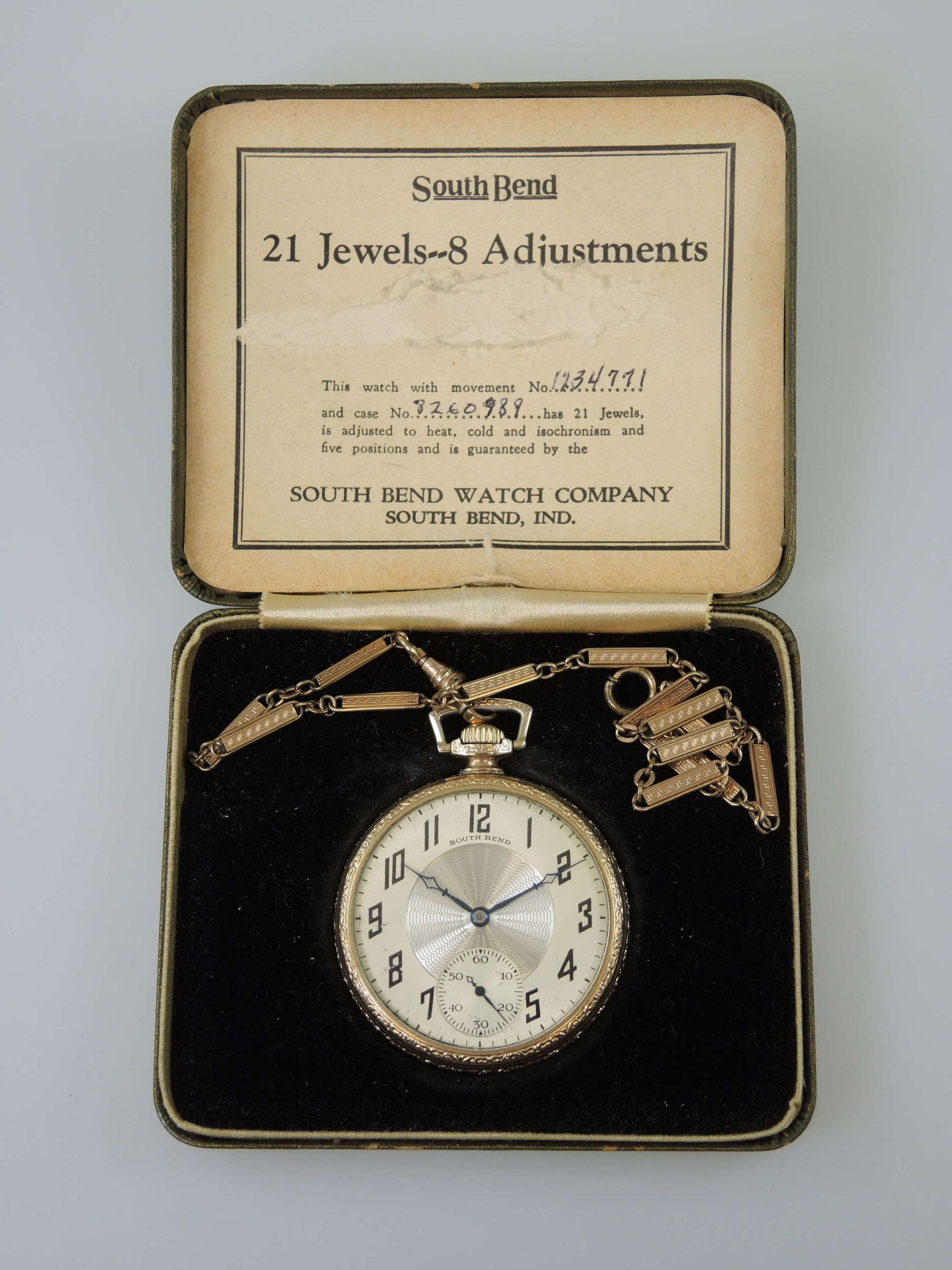 South Bend 21J STUDEBAKER pocket watch with orig box & chain c1928