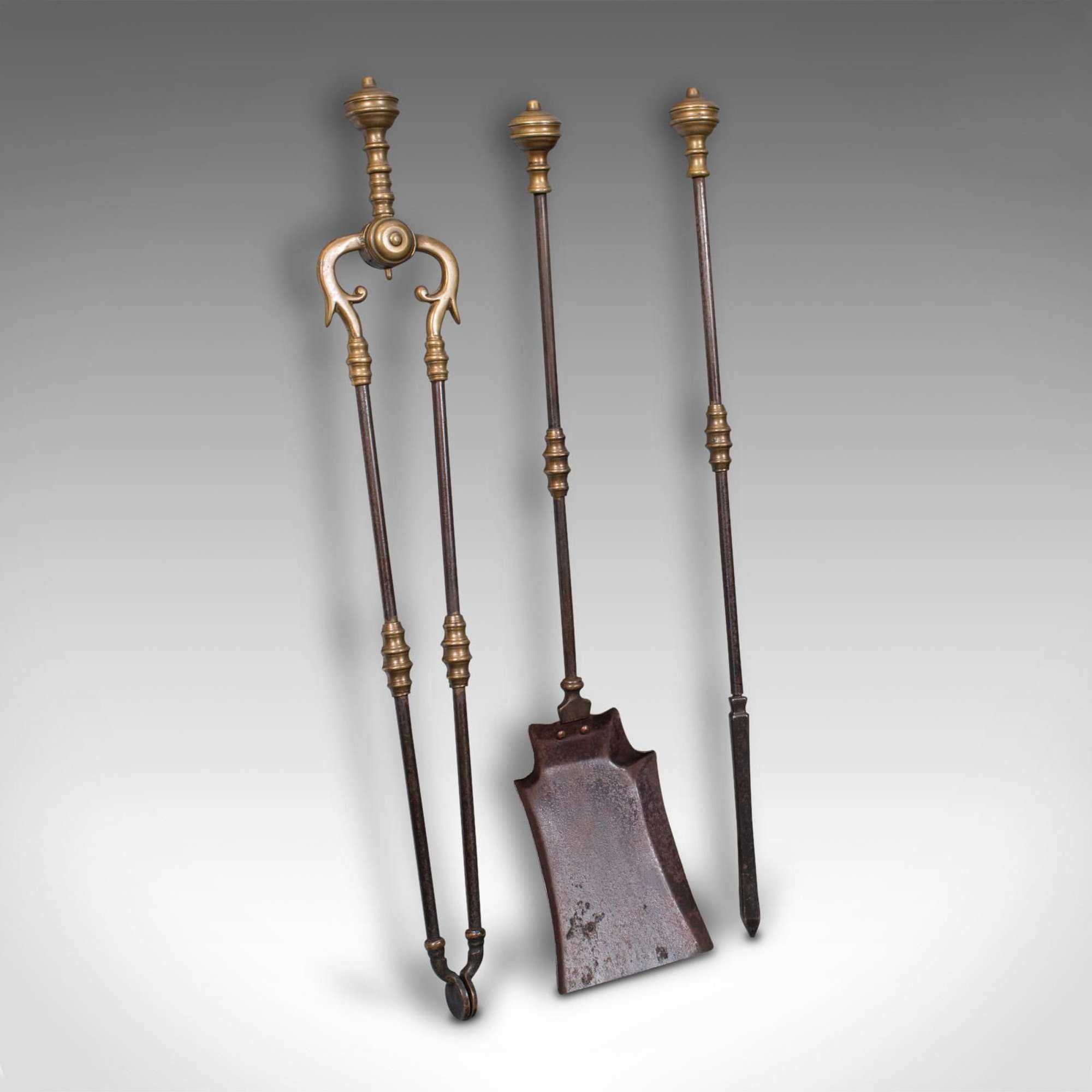 Set Of Antique Fireside Tools, English, Brass, Iron, Companion Set, Victorian