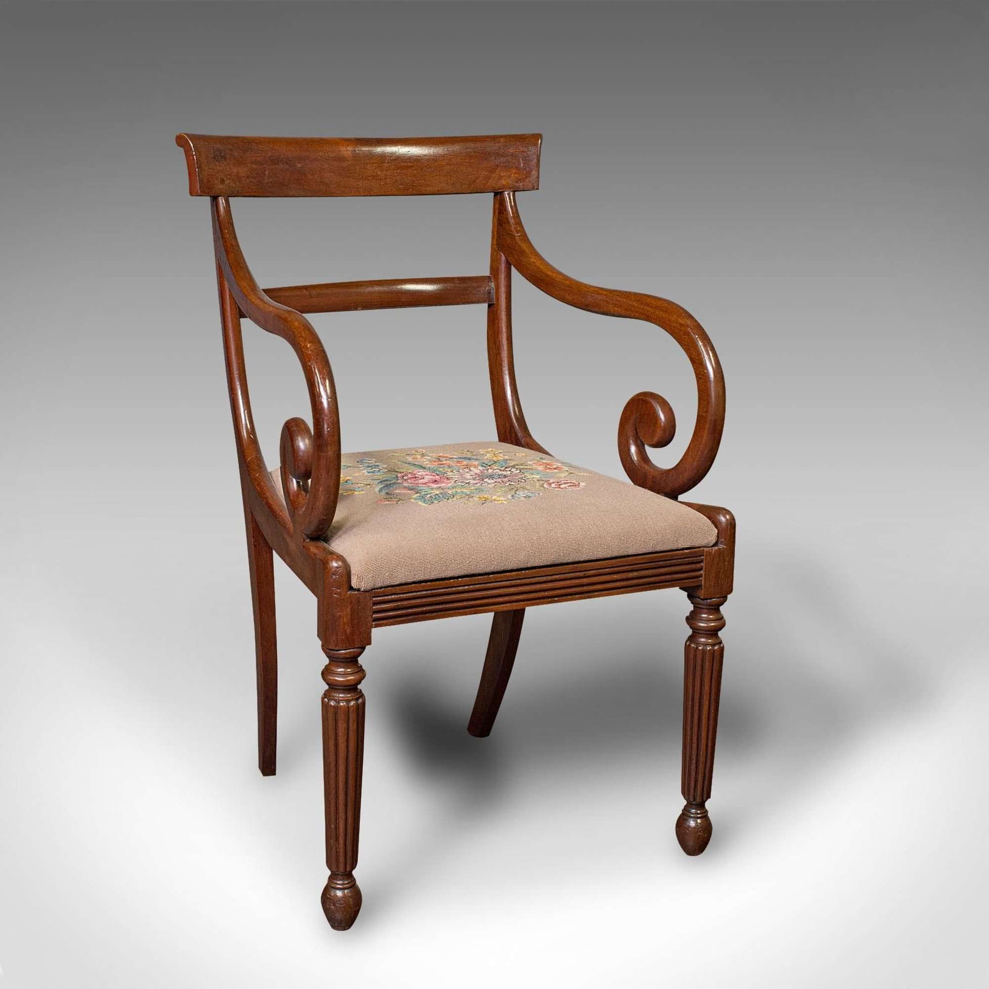 Antique Elbow Chair, English, Armchair, Needlepoint, Drop In Seat, Late Georgian