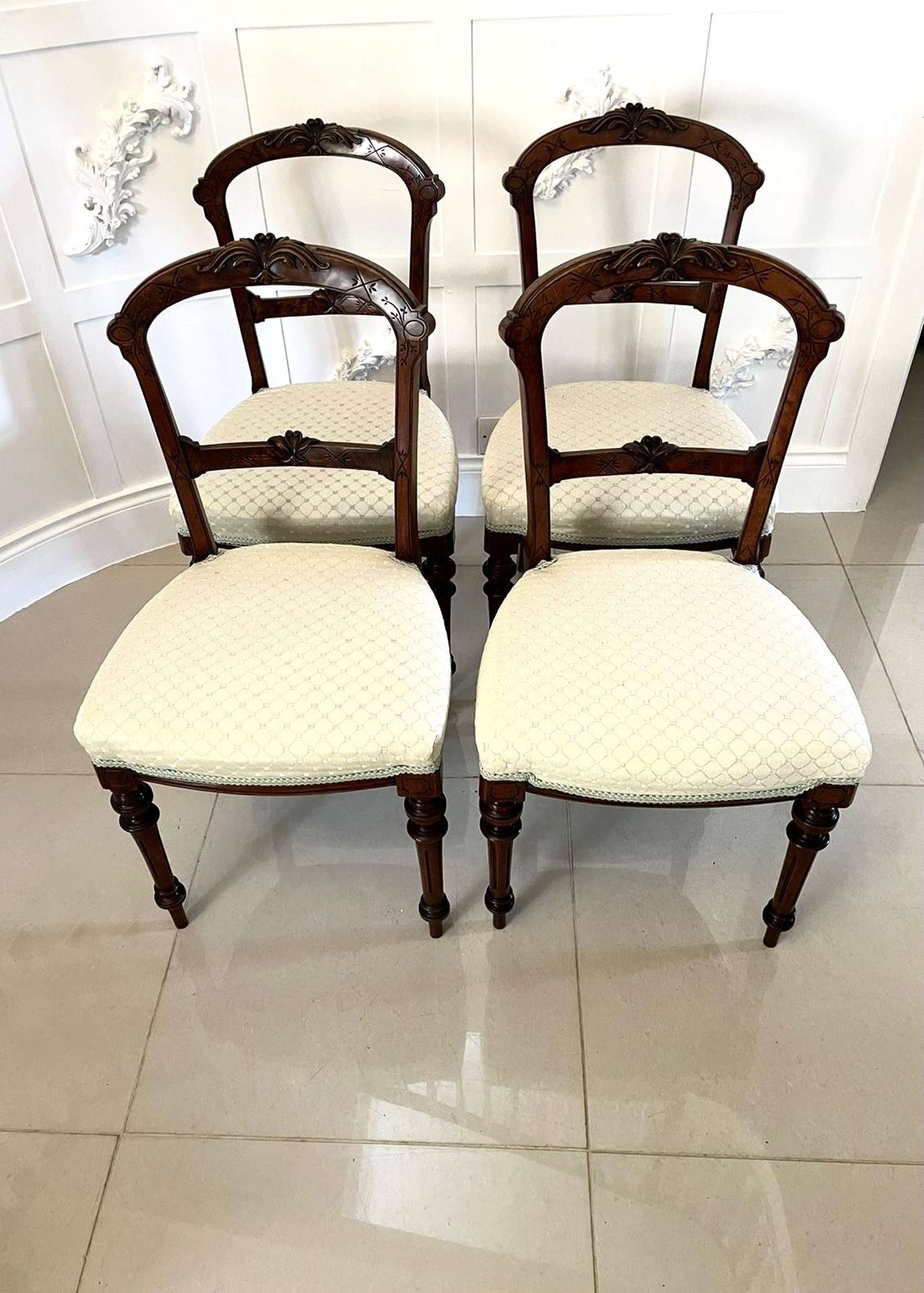 Set Of 4 Antique Victorian Quality Carved Walnut Dining Chairs