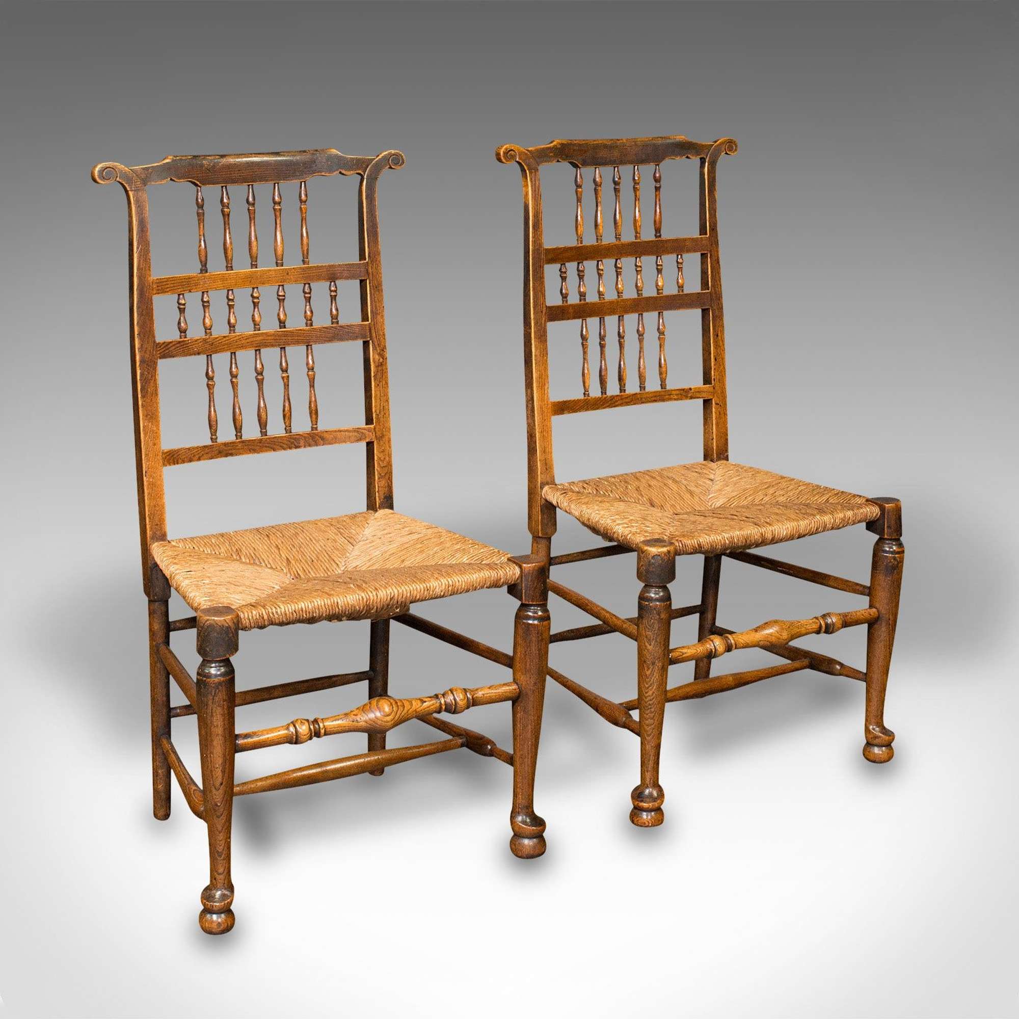 Pair Of Antique Spindleback Rush Chairs, English, Hall, Lancashire, Victorian