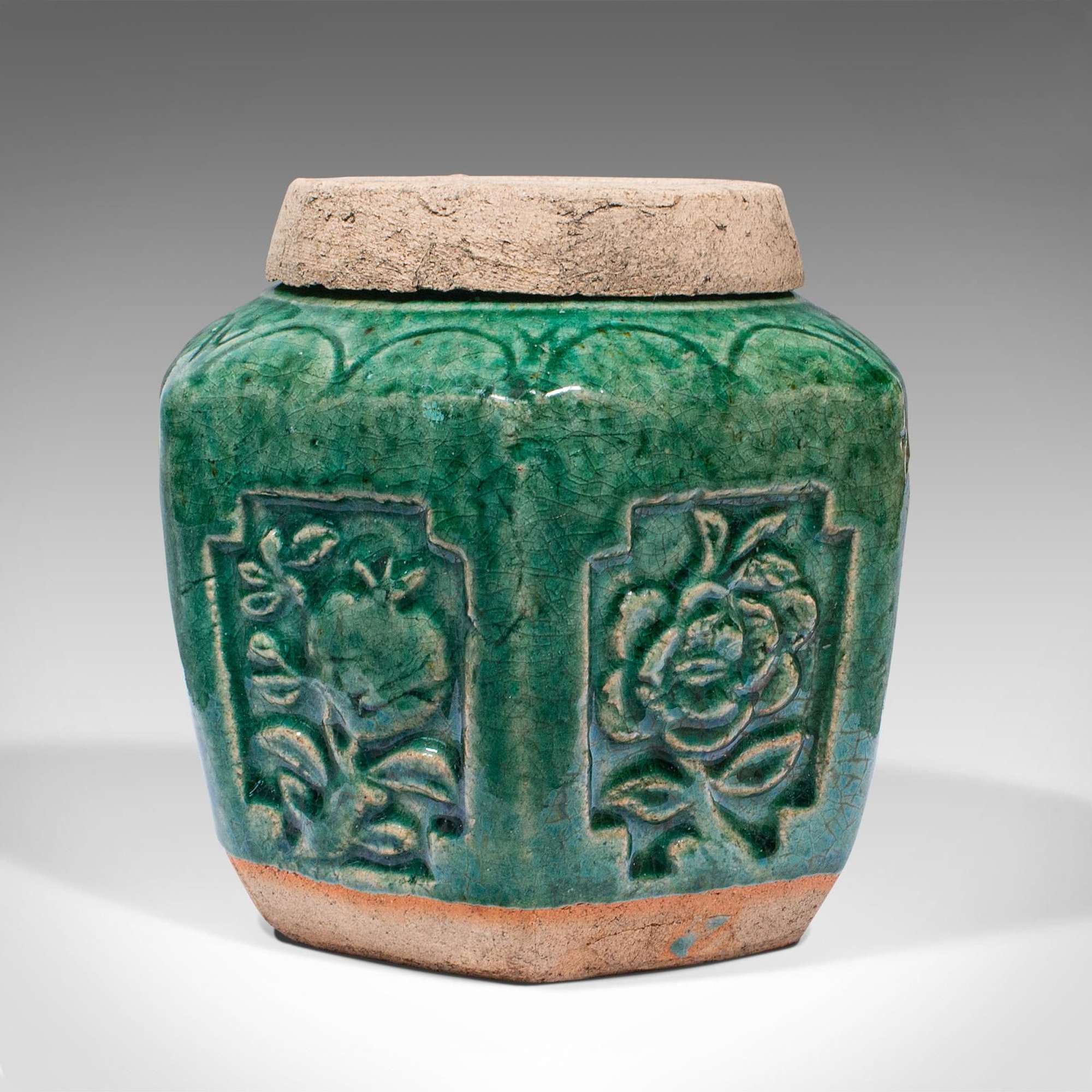 Antique Hexagonal Spice Jar, Japanese, Glazed Earthenware, Pot, Meiji, Victorian