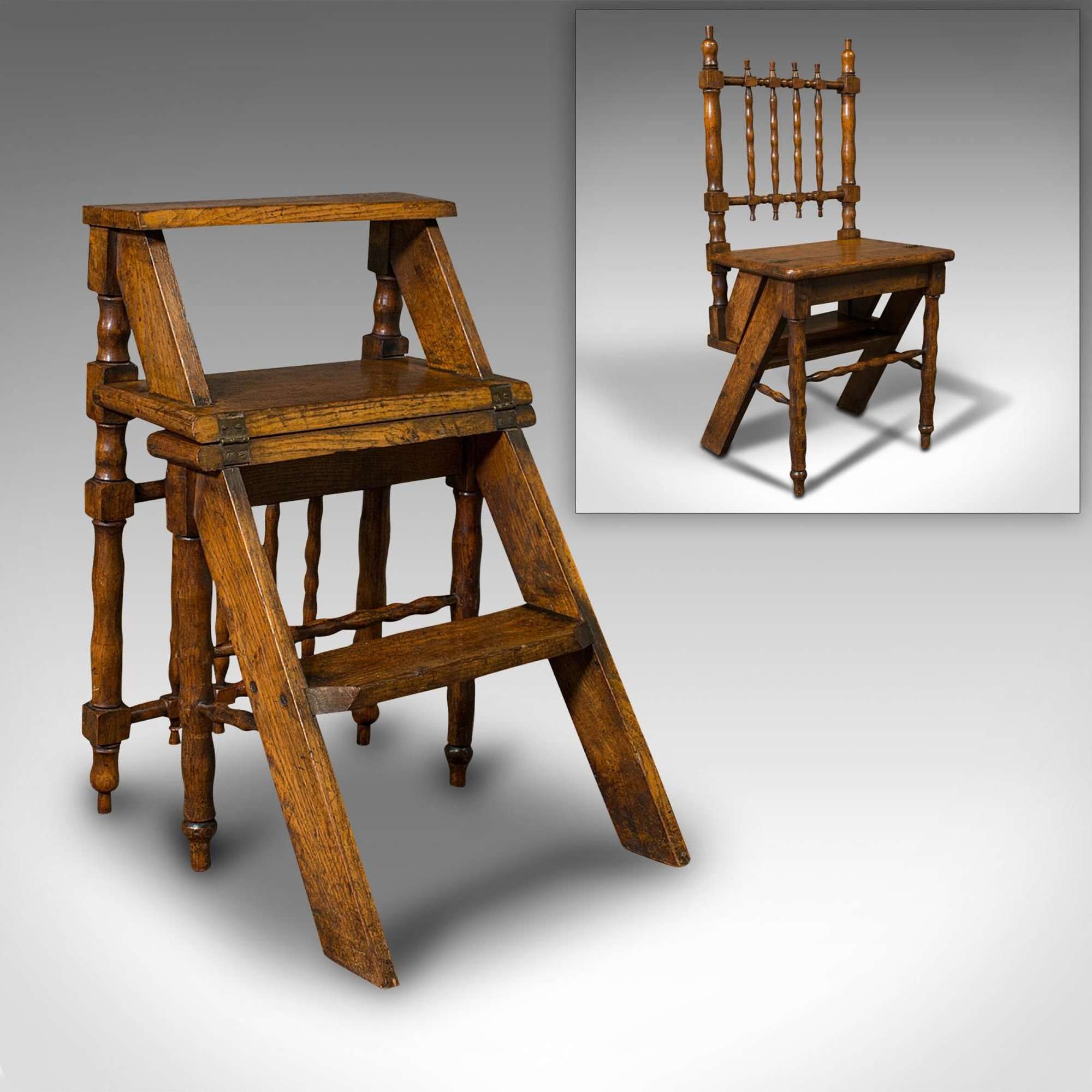 Set Of Antique Metamorphic Library Steps, English, Oak, Folding Chair, Georgian