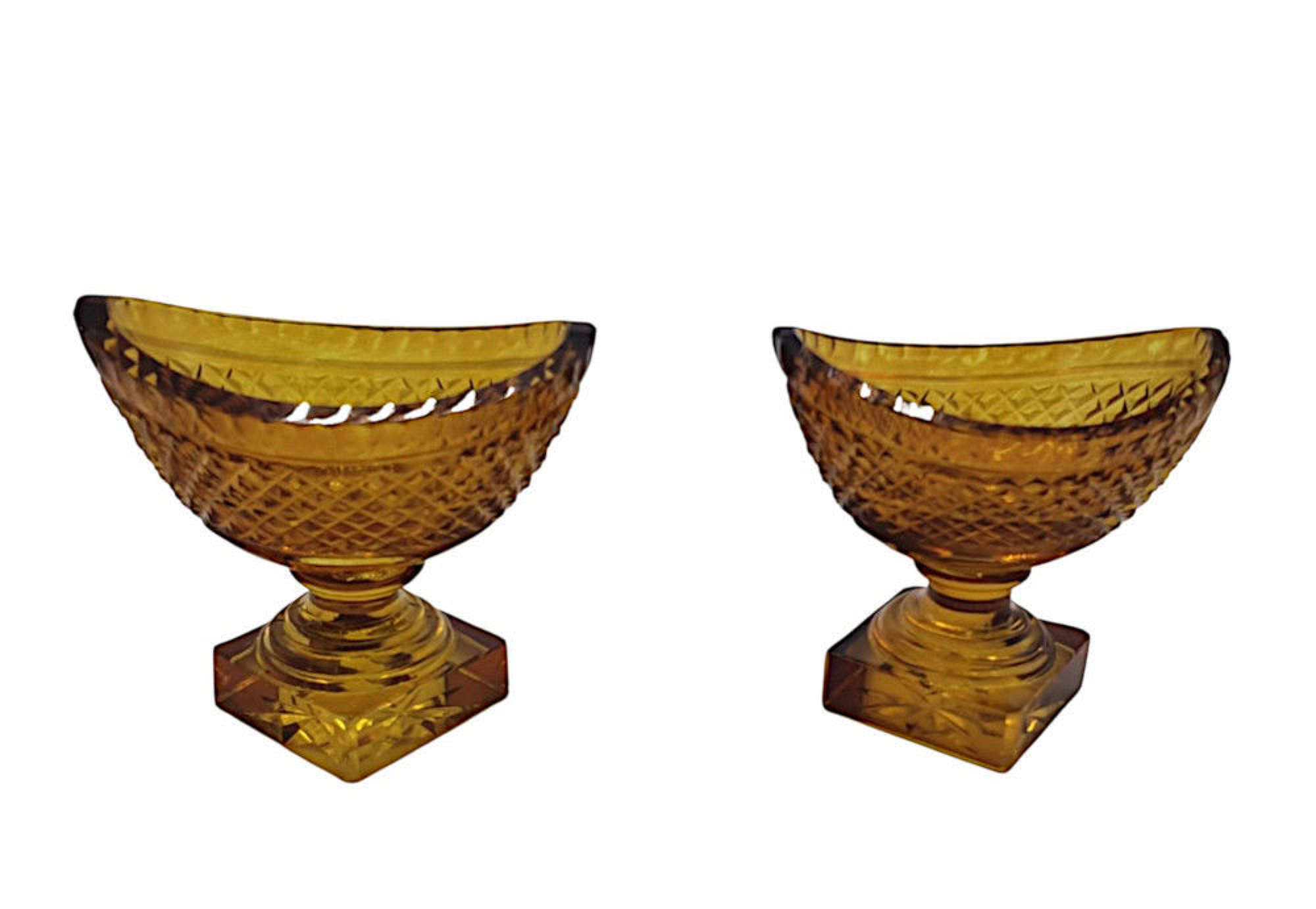 An Unusual And Fine Pair Of 19th Century Amber Cut Glass Boat Shaped S