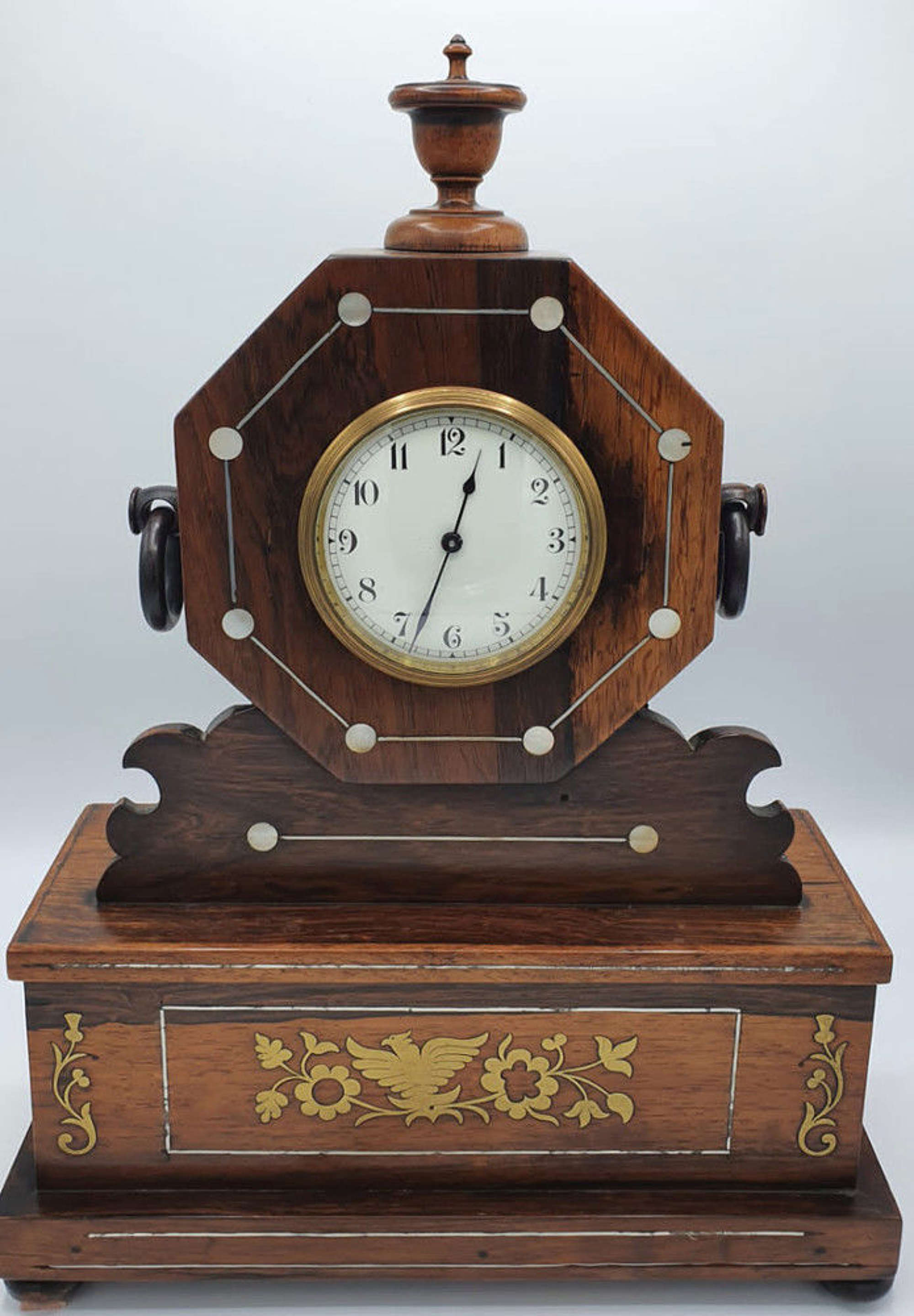 19th Century Rosewood Mantle Antique Clock With Brass And Mother Of Pearl Inla