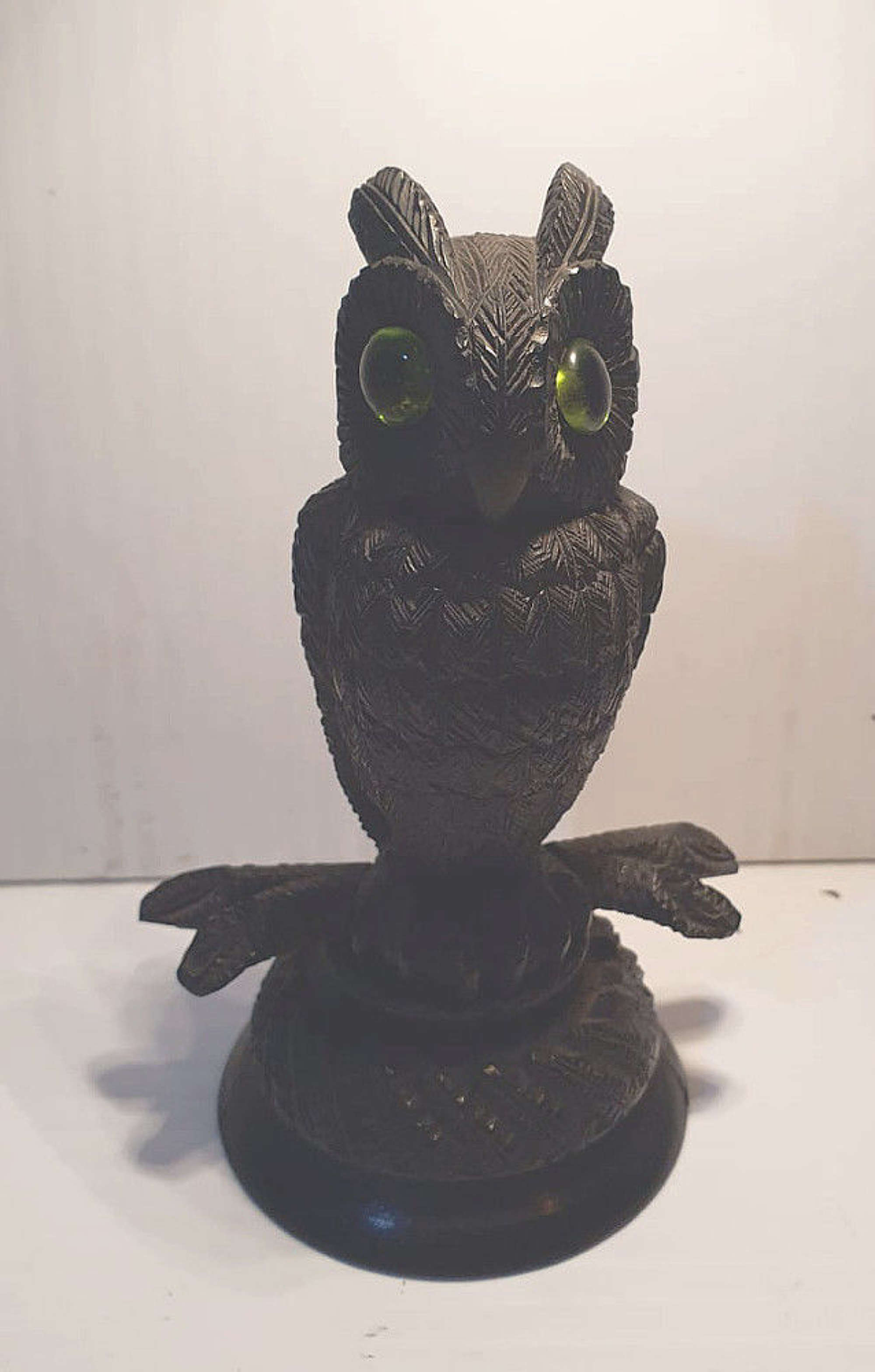 19th Century Irish Carved Owl With Green Glass Eyes