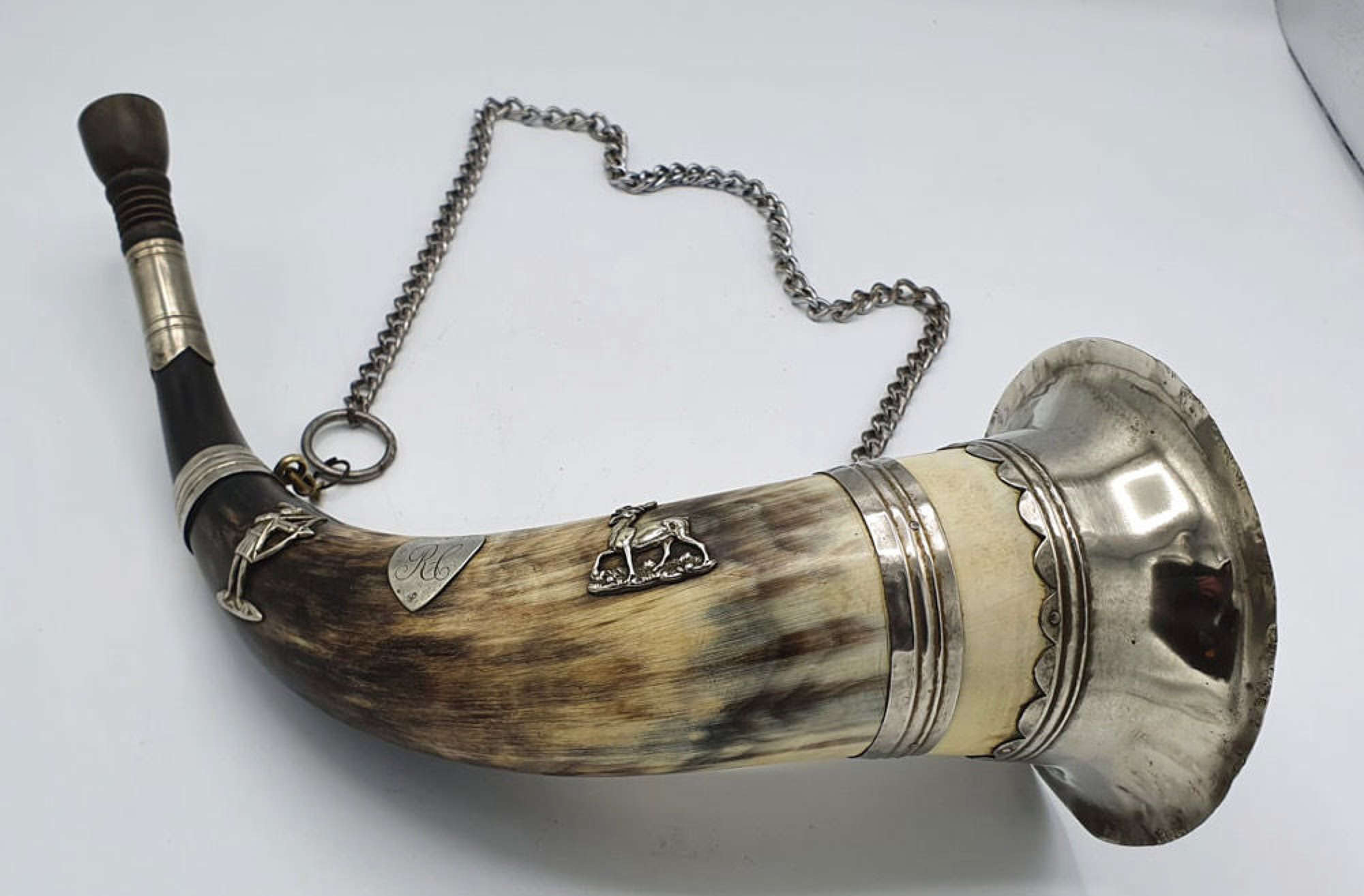 Unusual Early 20th Century Hunter Horn With Silver Plated Mounts
