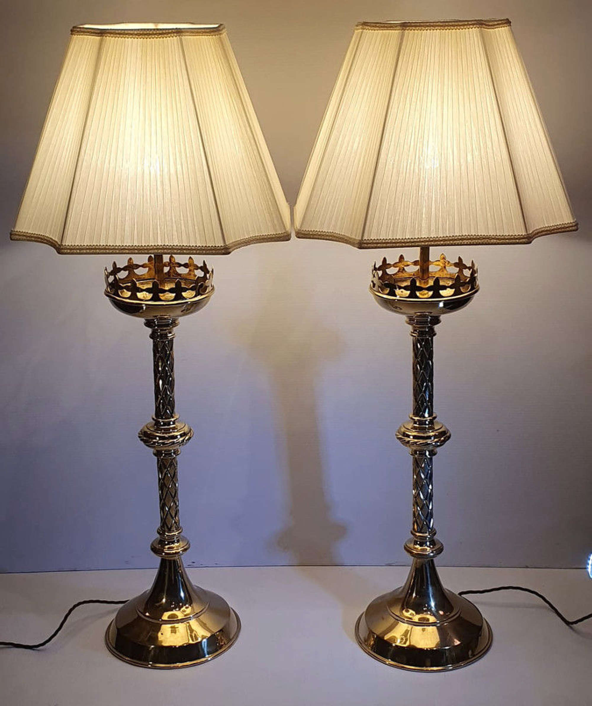 Pair Of 19th Century Gothic Brass Candlesticks Polished And Converted