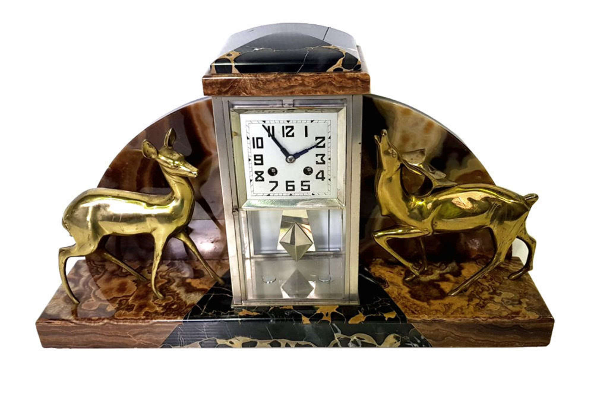 Good Quality Art Deco Marble Clock With Bronze Deer