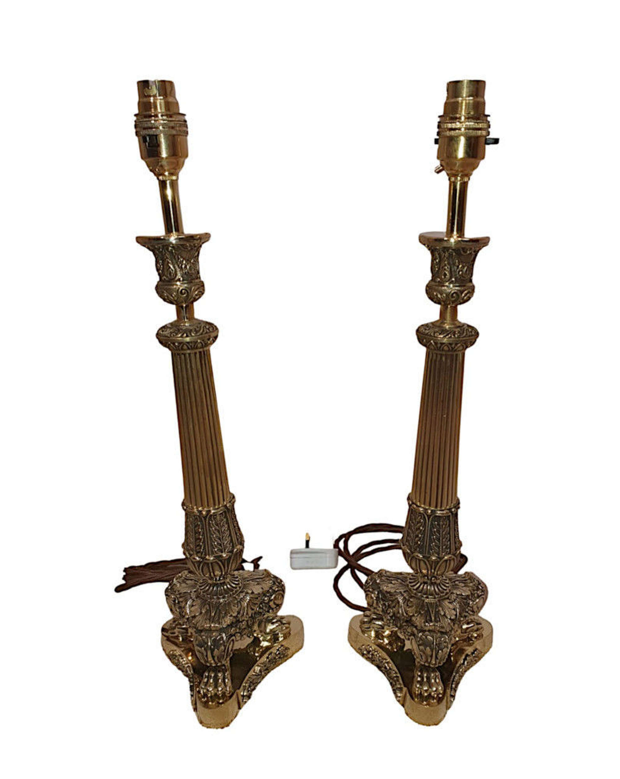 A Stunning Pair Of 19th Century Empire Brass Candlesticks Converted To