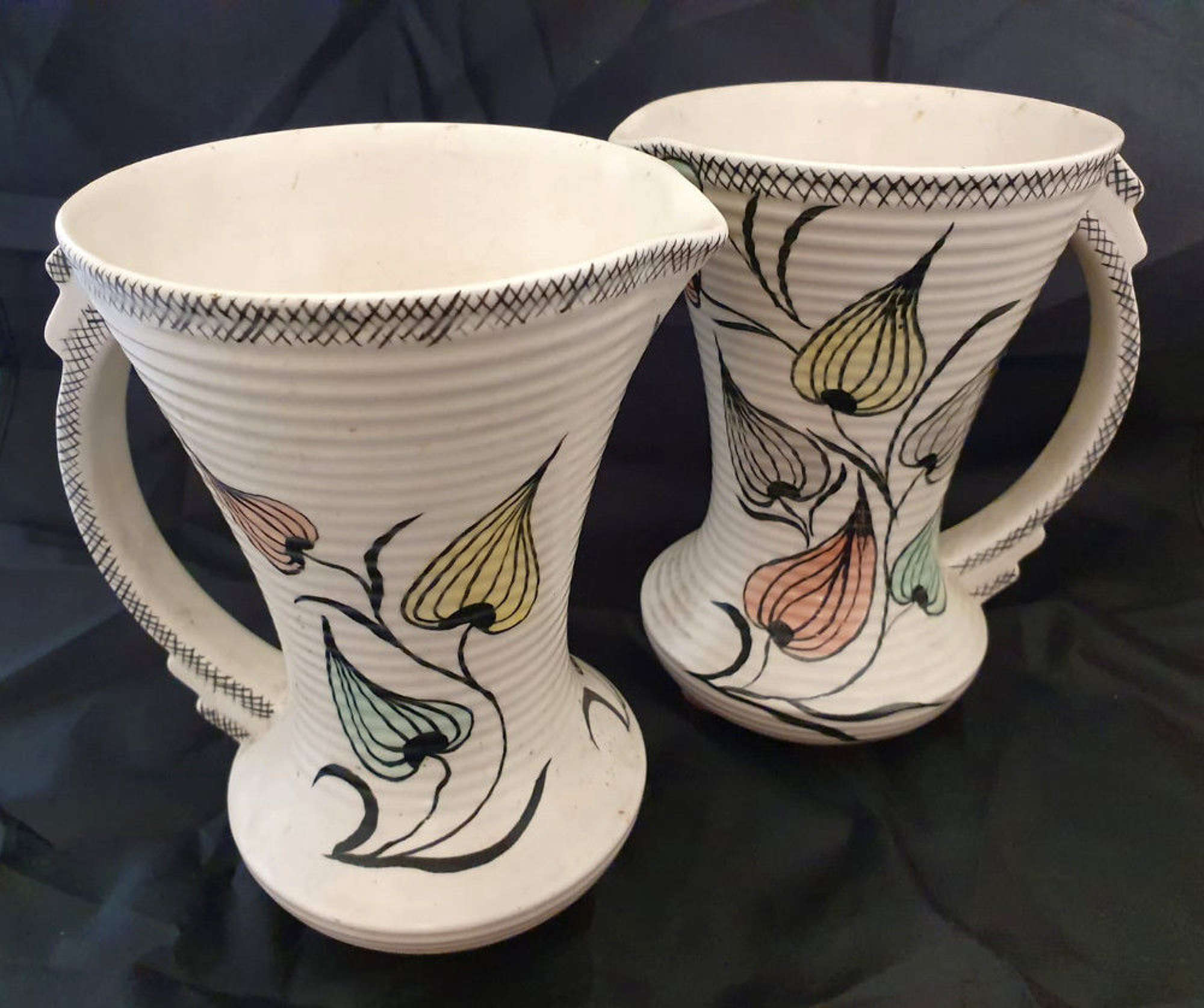 Lovely Pair Of 1950s Vulcan Ware Porcelain Jugs Or Vases