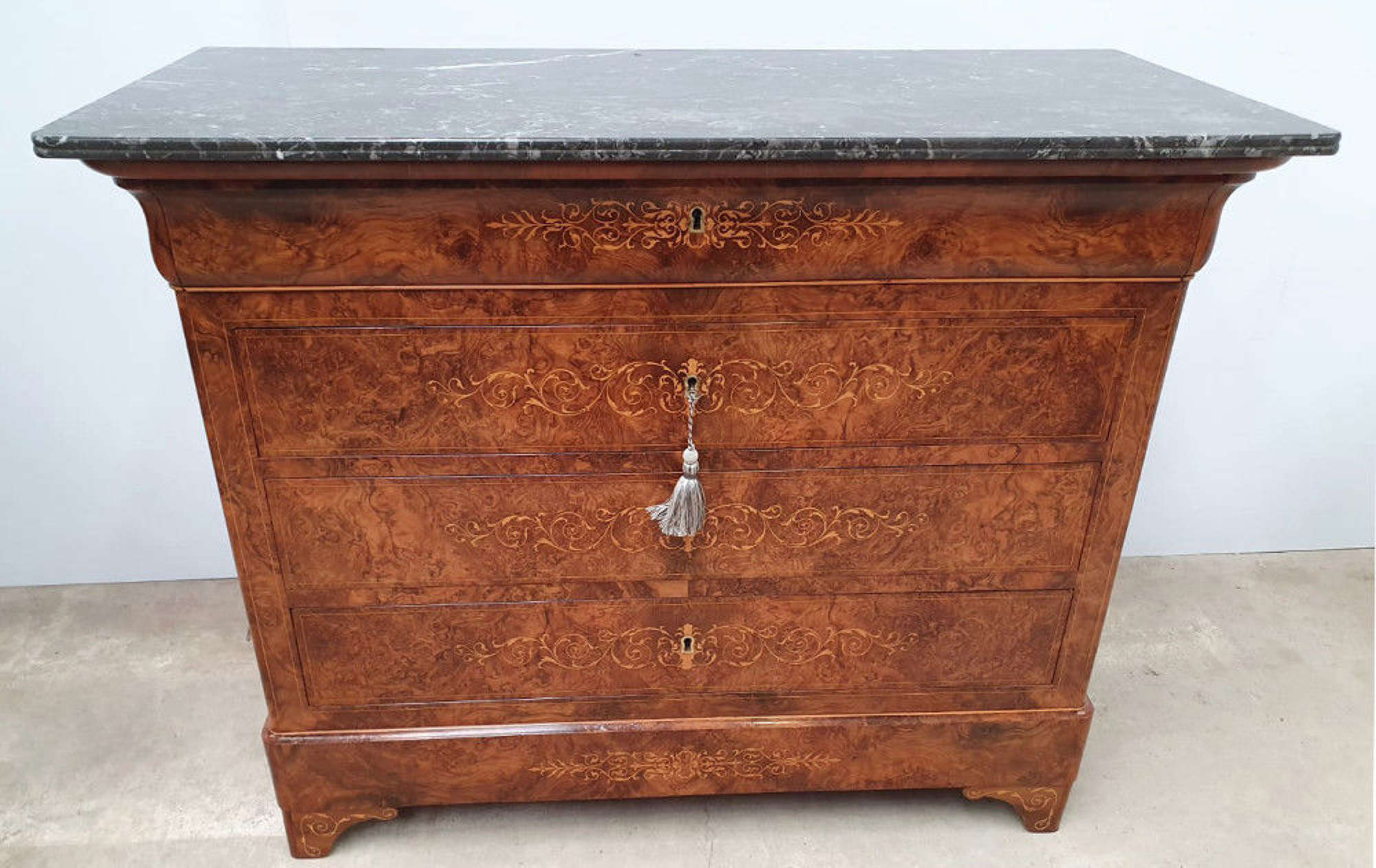 Marble Top Inlaid Walnut Antique Chest Of Drawers
