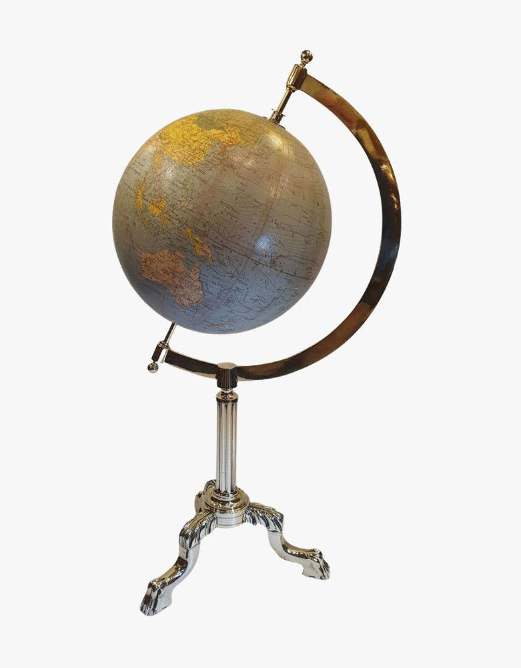 A Very Rare 1940s World Globe On Original Polished Brass Stand
