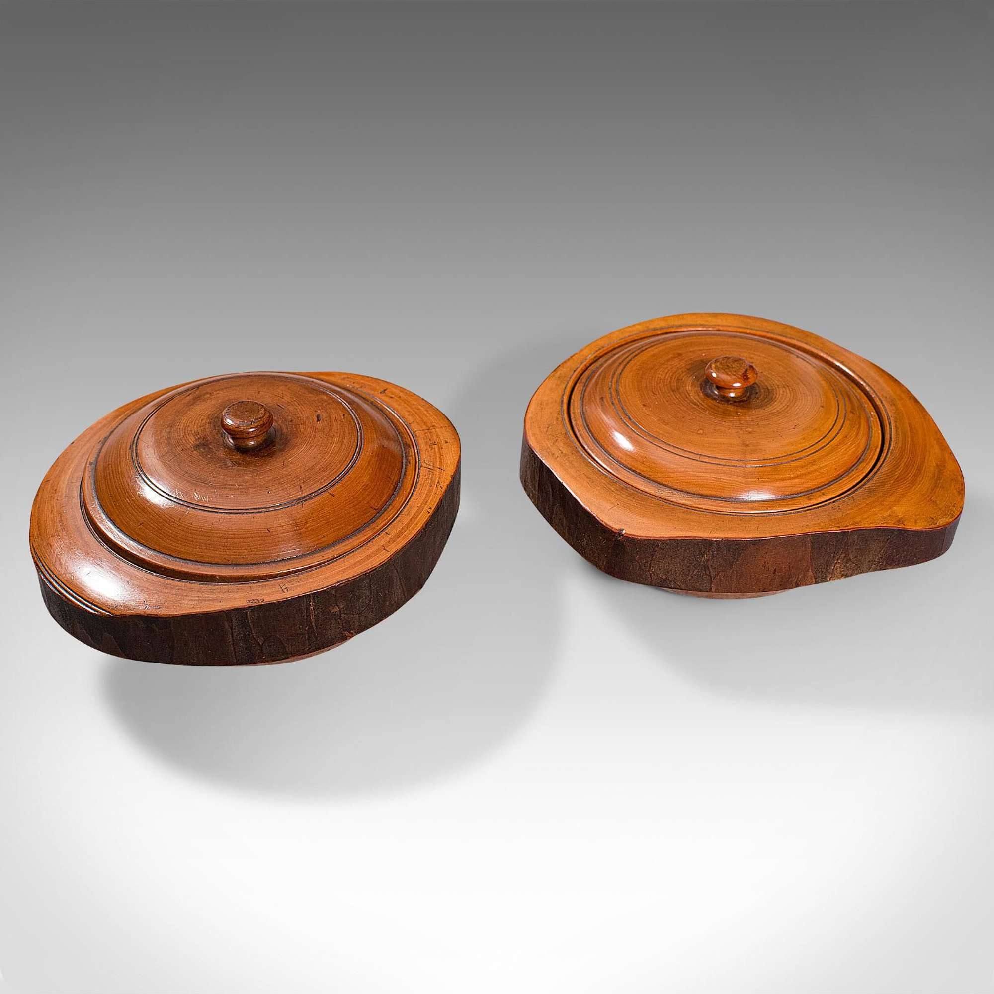 Pair Of Antique Carved Lidded Bowls, Treen, English, Yew, Victorian, Circa 1900