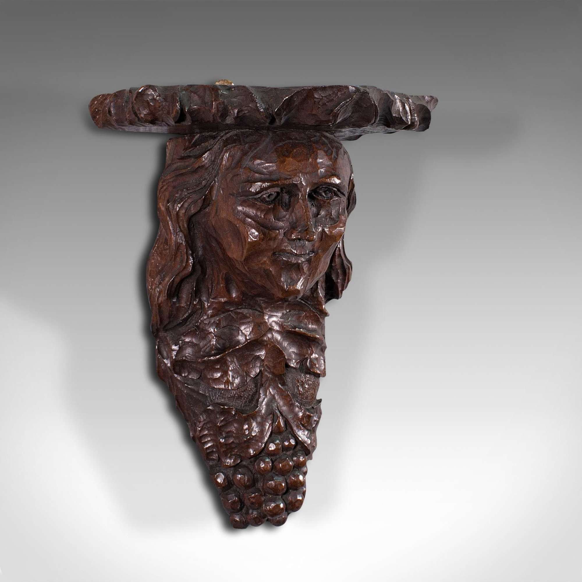 Antique Decorative Sconce, American, Carved Oak, Figure, Candle Bracket C.1800
