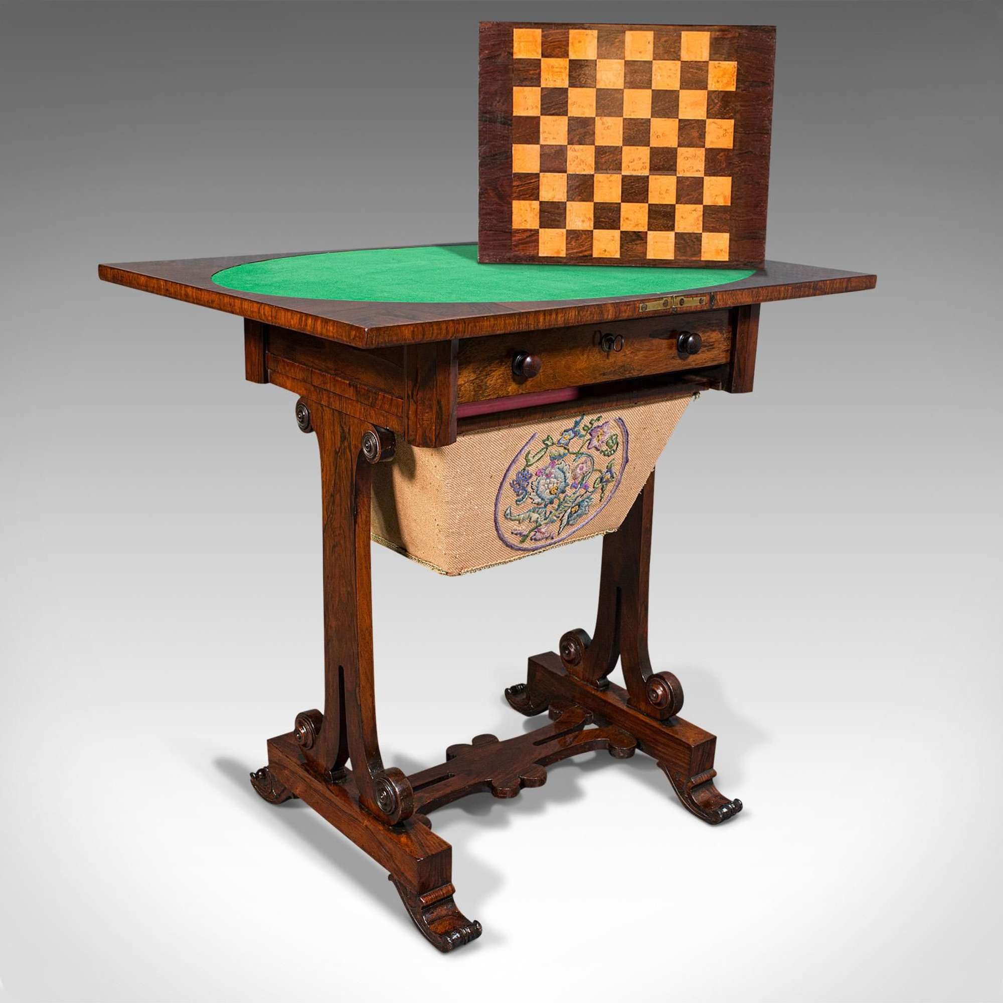 Antique Fold Over Games Table, English, Rosewood, Chess, Cards, Regency C.1820