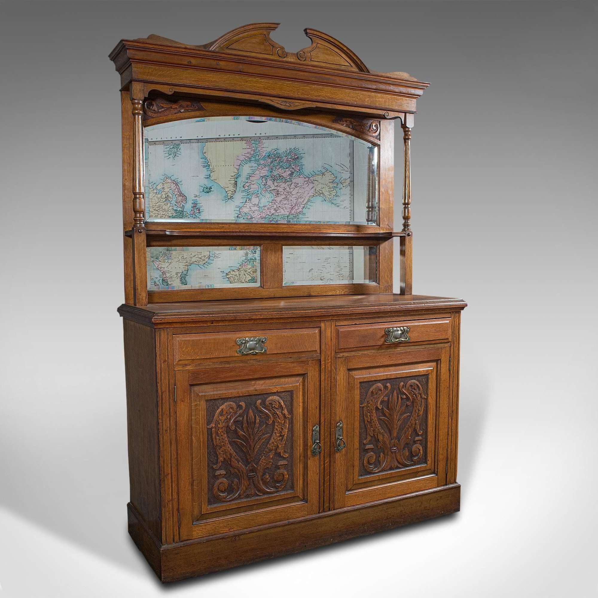 Large Antique Sideboard, English, Oak, Mirror, Cabinet, Arts %26 Crafts, Victorian