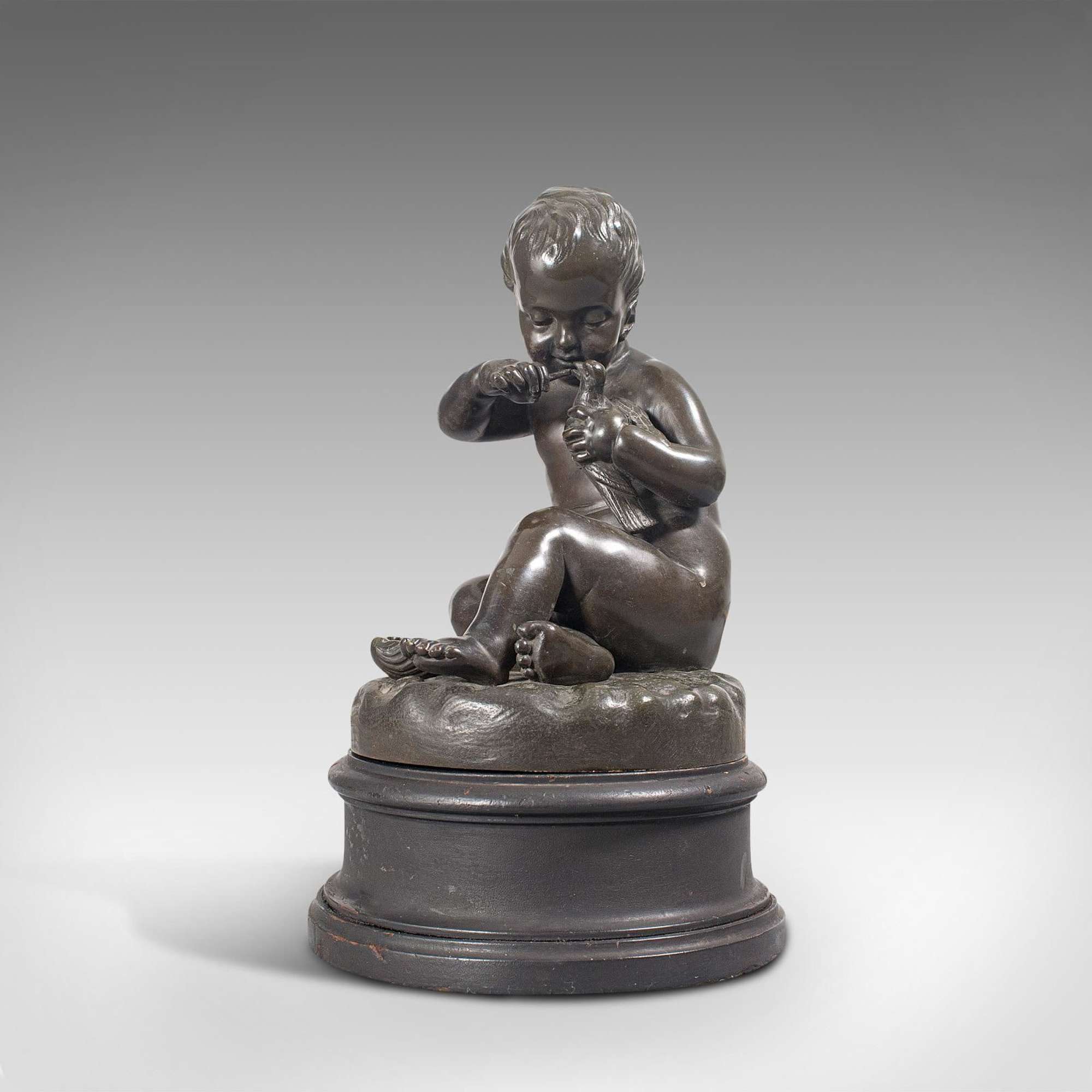 Antique Putto Statue, French, Bronze, Cherub Figure C 1900