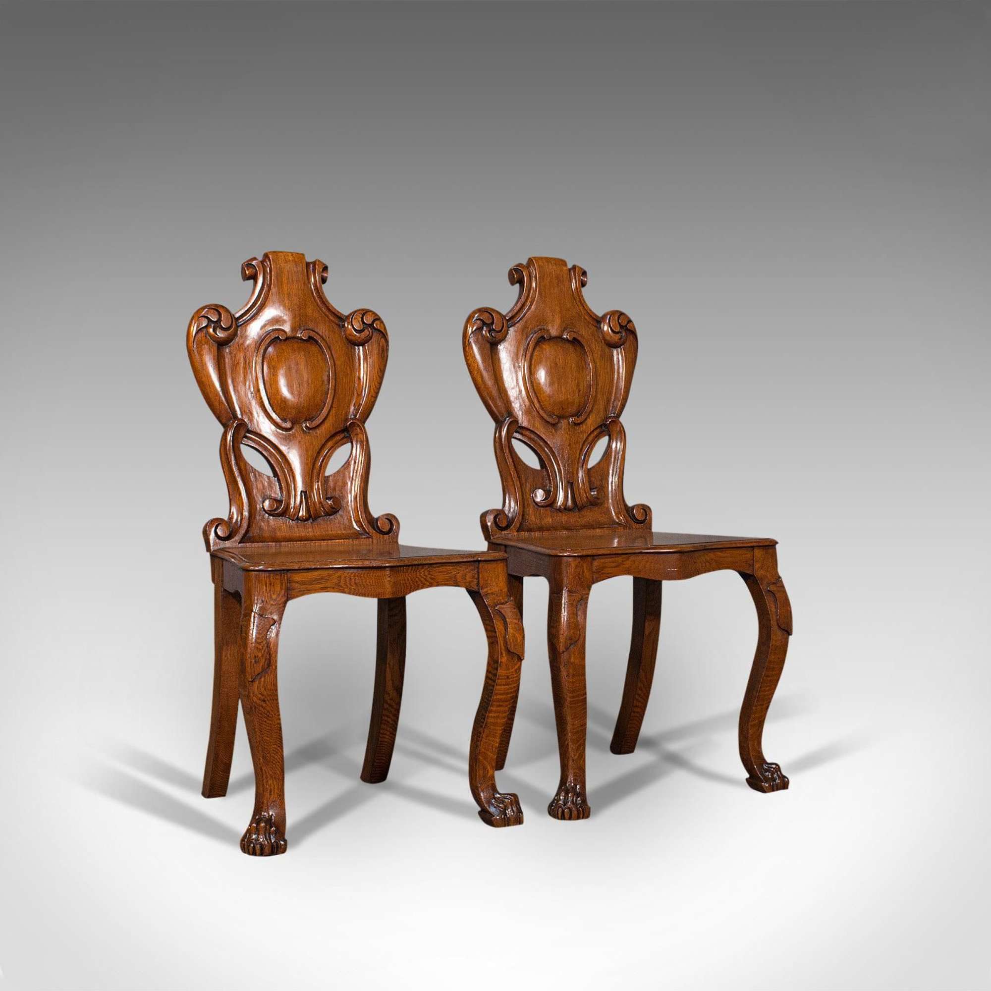 Pair Of Antique Shield Back Chairs, Scottish, Oak, Hall Seat, Victorian C.1880