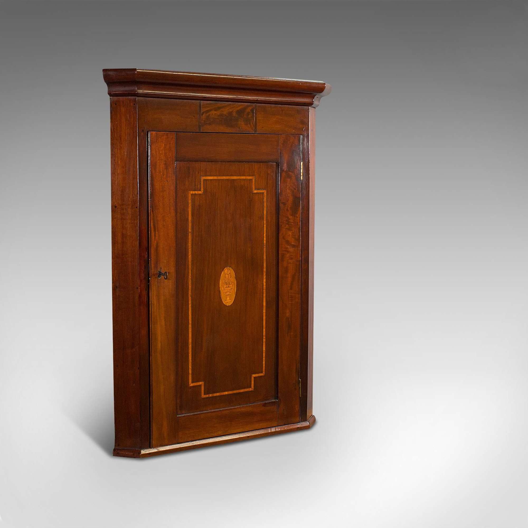 Antique Corner Cabinet, English, Mahogany, Walnut, Inlay, Georgian C.1800