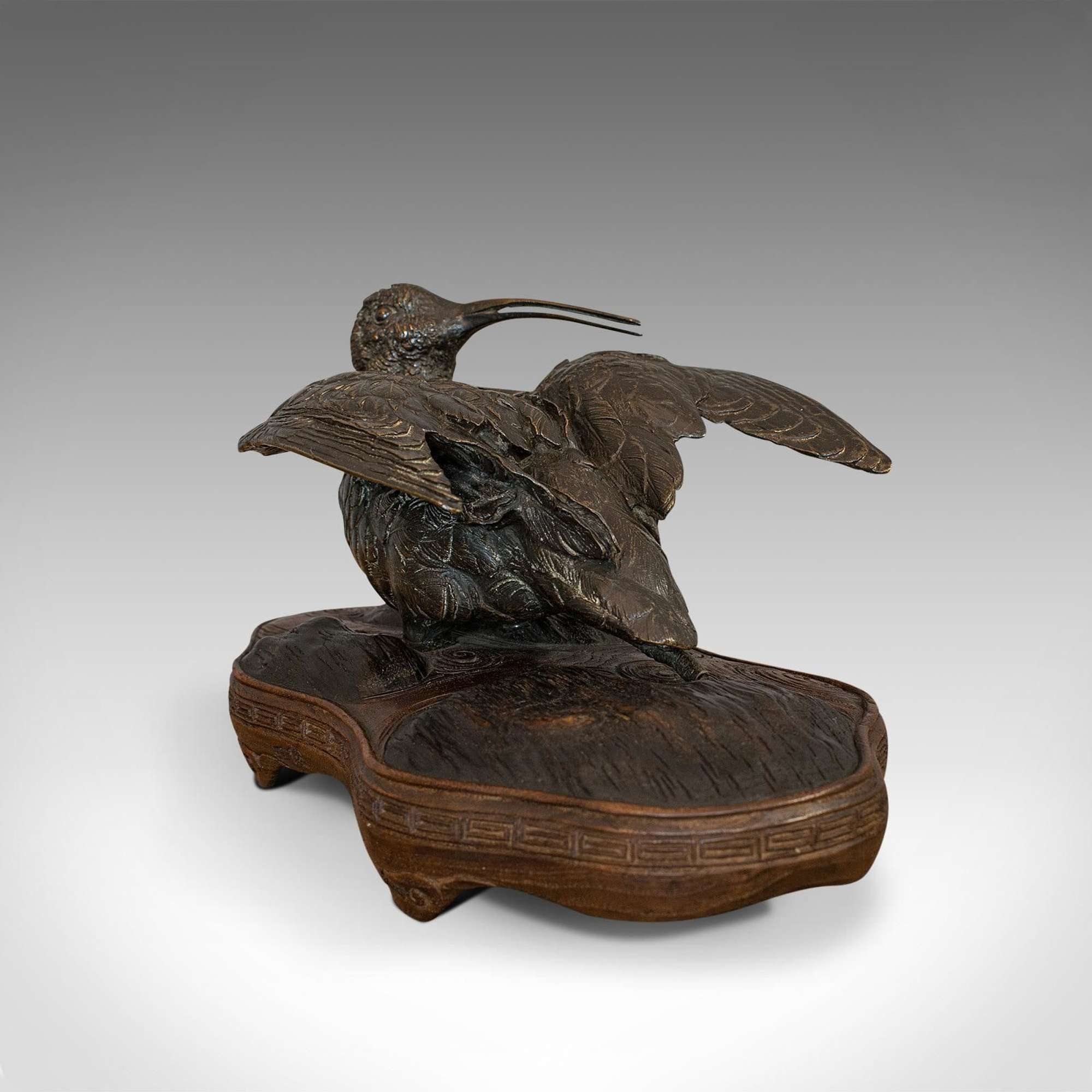 Antique, Curlew, Oriental, Bronze, Mahogany, Decorative, Small Bird C.1900