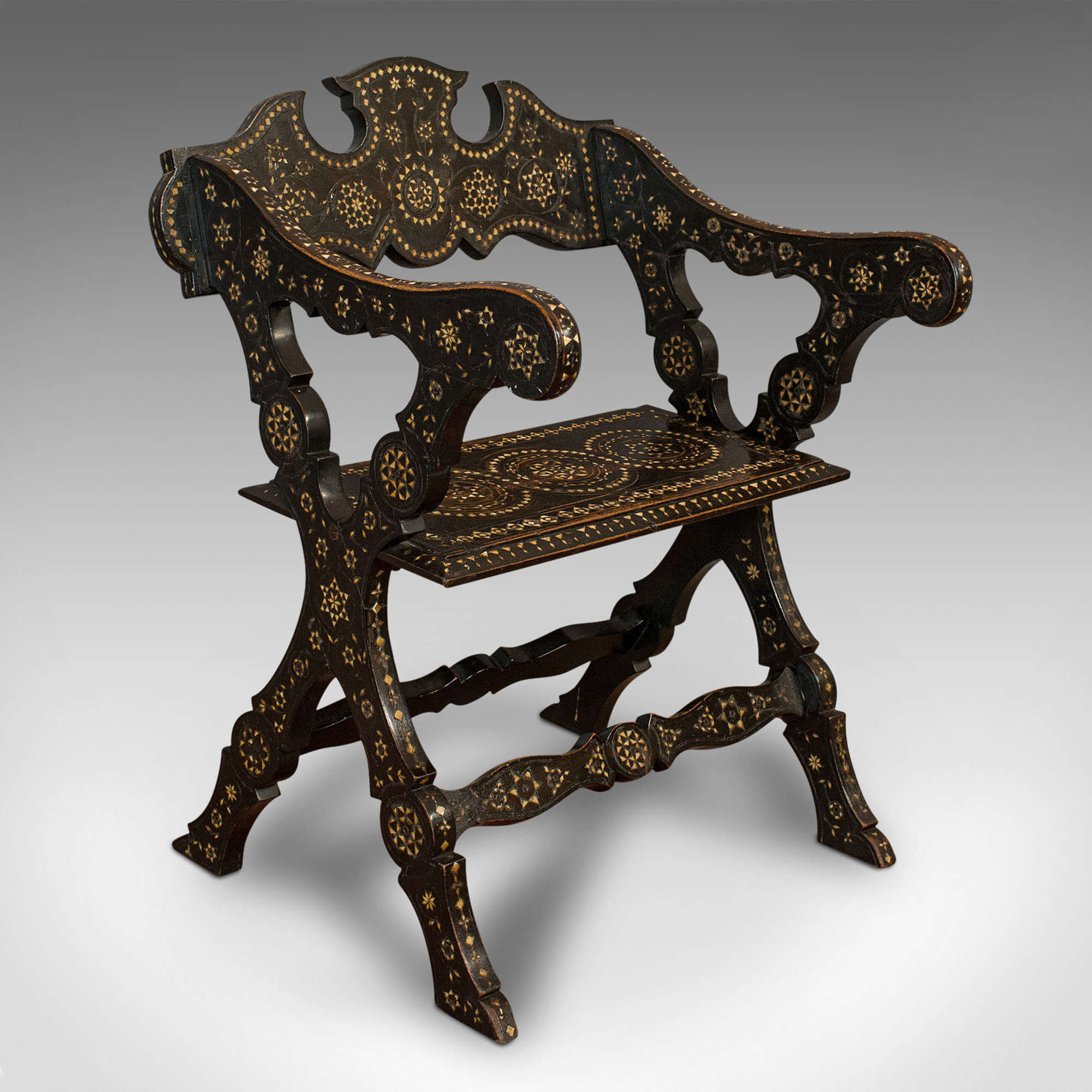 Antique X-frame Chair, Middle Eastern, Mahogany, Seat, Bone Inlay C.1850