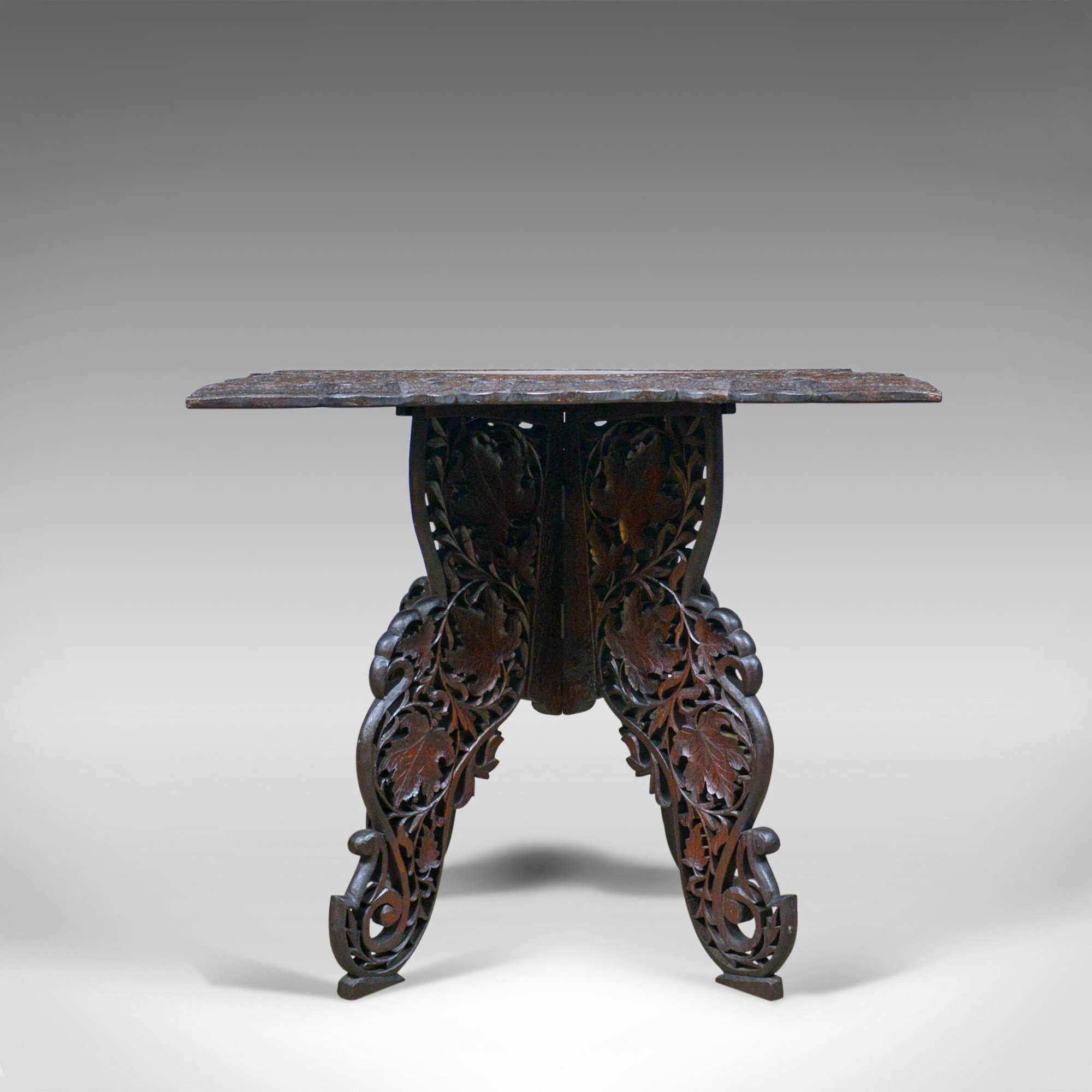 Anglo-indian Antique Campaign Table, Carved, Teak, Side C.1900