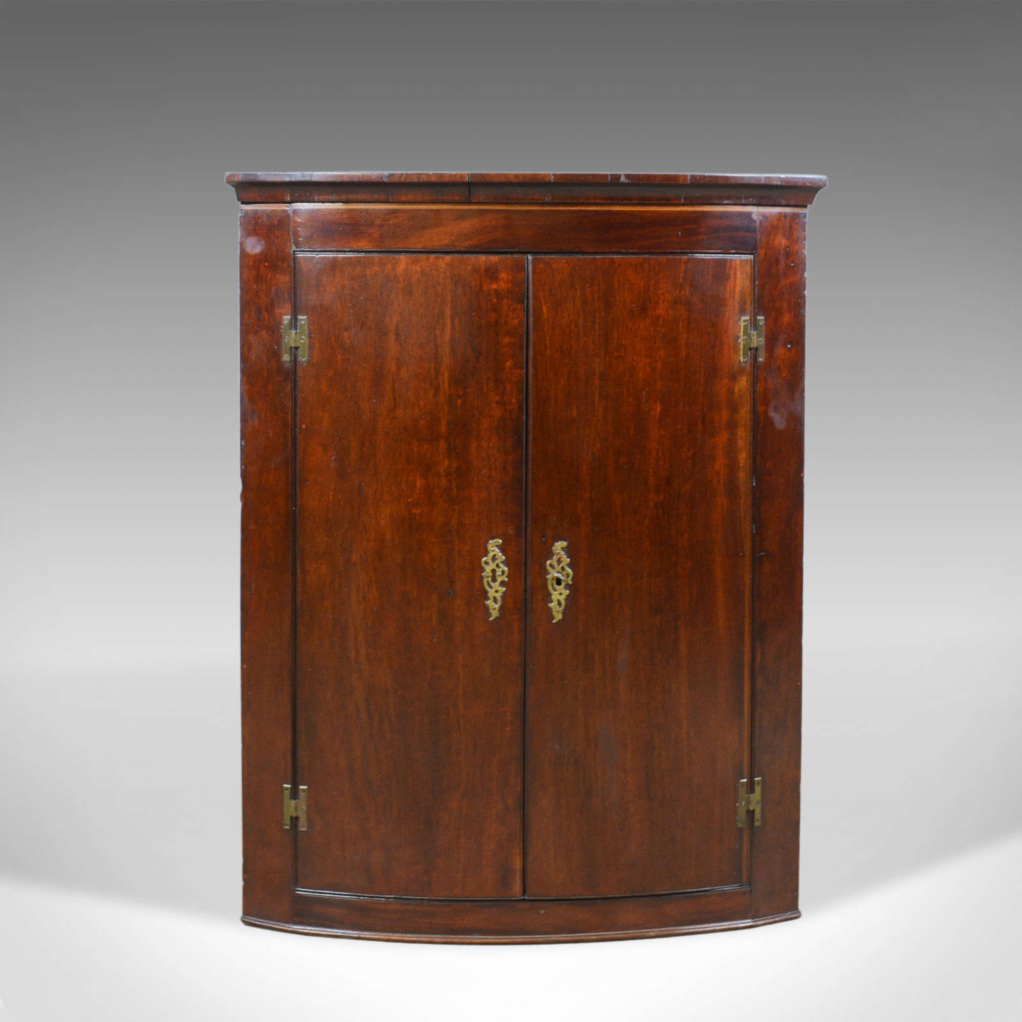 Antique Corner Cabinet, Late Georgian, Bow Fronted, Mahogany, Hanging C.1800