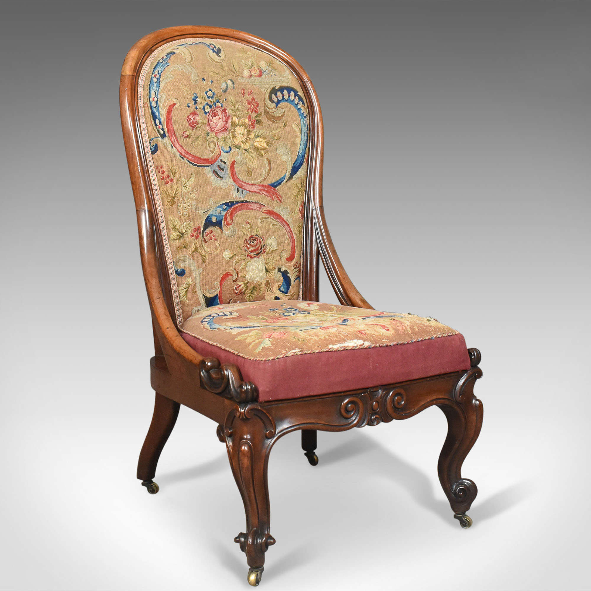 Antique Nursing Chair, English Walnut, Needlepoint Tapestry Victorian C.1840