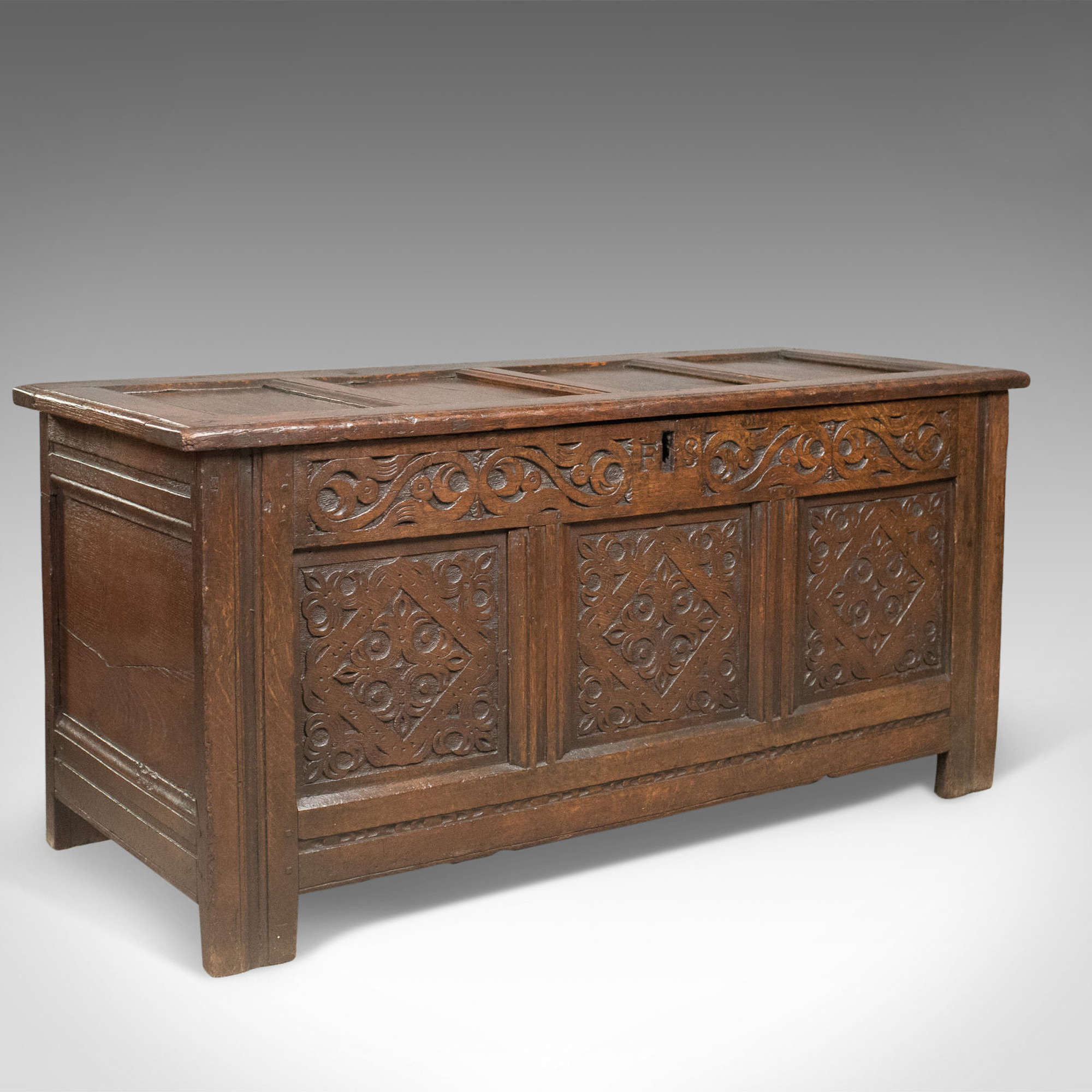 Carved Antique Coffer, English Oak Joined Chest, Trunk C.1700