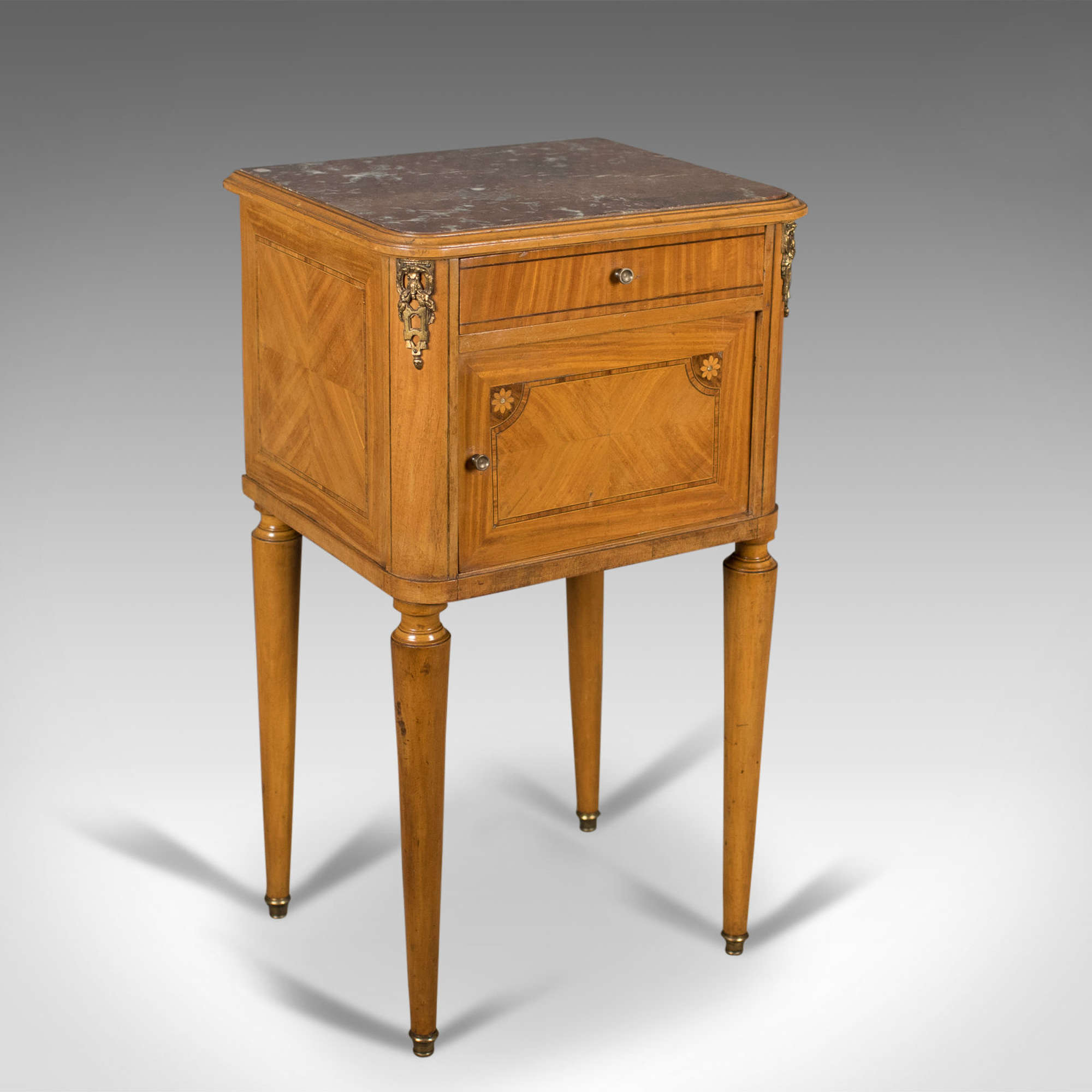 French Antique Bedside Cabinet, Marble Top Nightstand C.1890