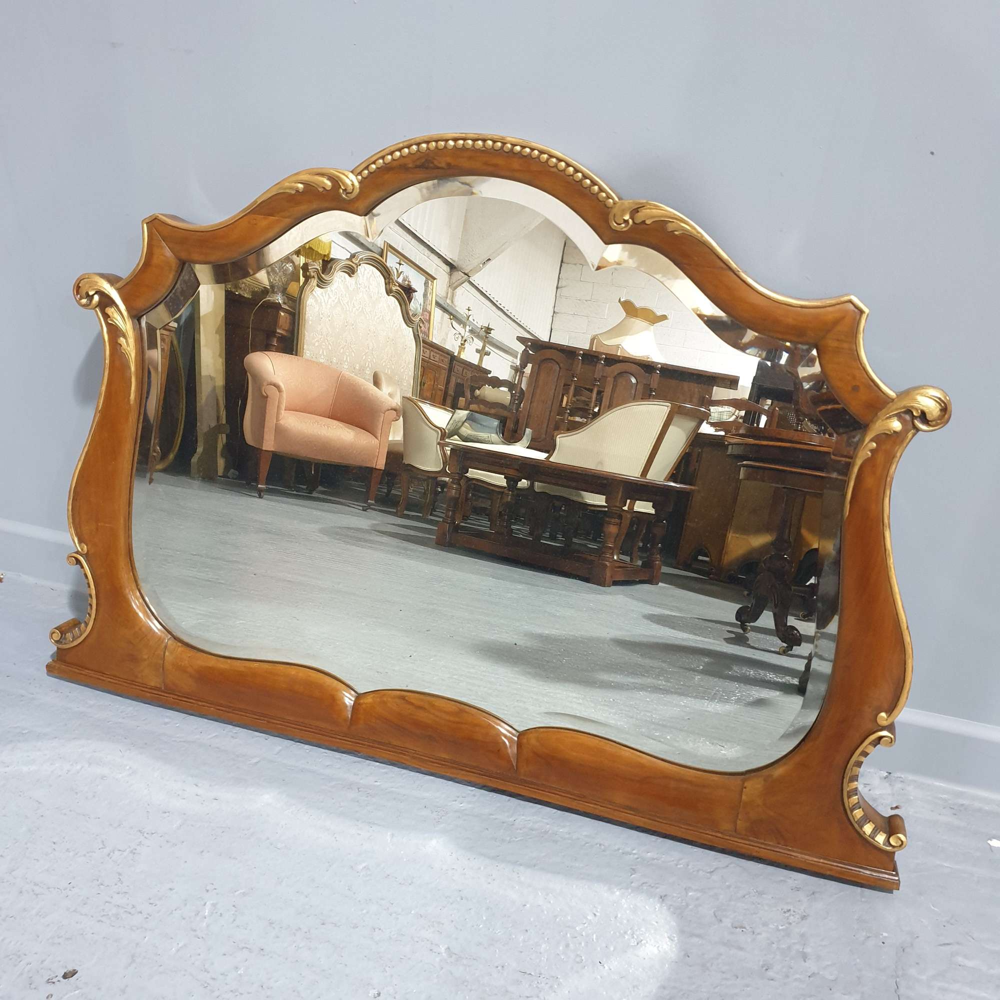 Walnut And Parcel Gilt Antique Overmantle Mirror