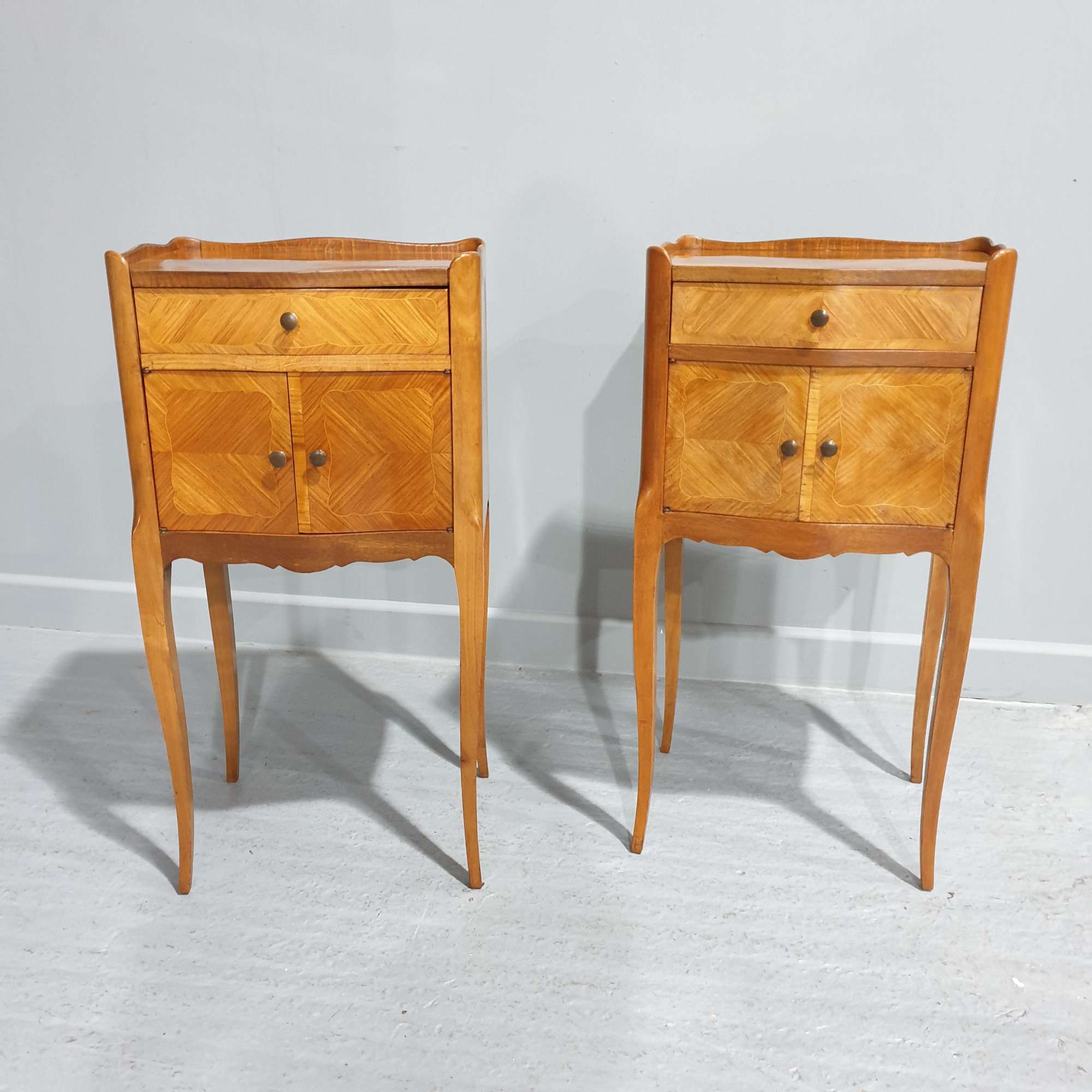Superb Pair French Marquetry Bedside Lamp Cabinets