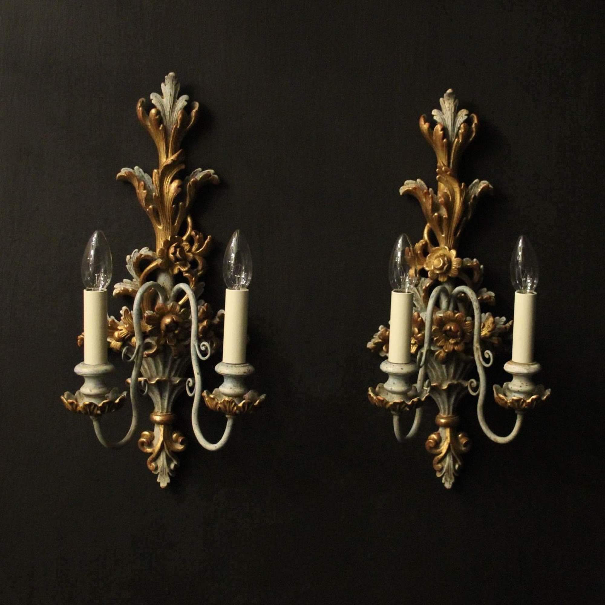 Italian Pair Of Polychrome Gilded Wall Lights