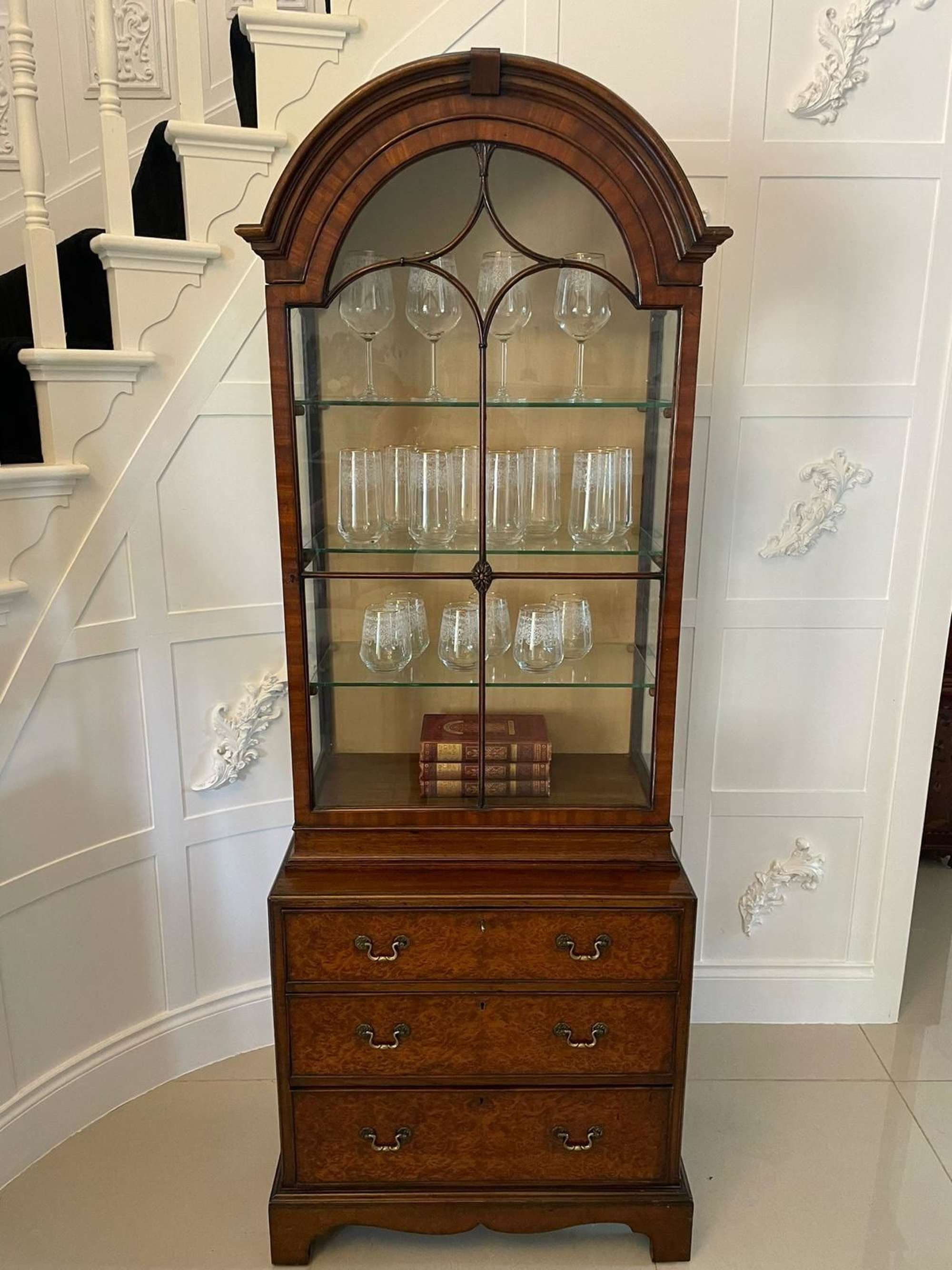 Outstanding Quality Antique Burr Yew Wood And Mahogany Display Cabinet