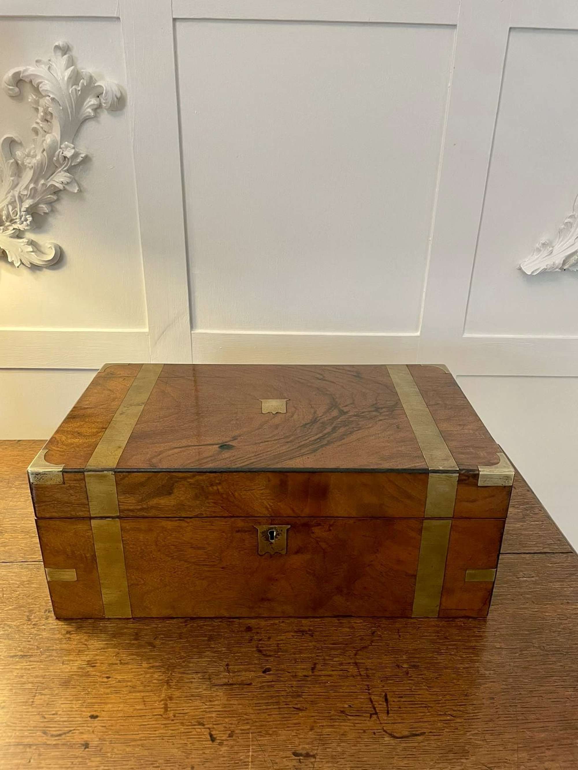 Antique Victorian Quality Figured Walnut Brass Bound Writing Box