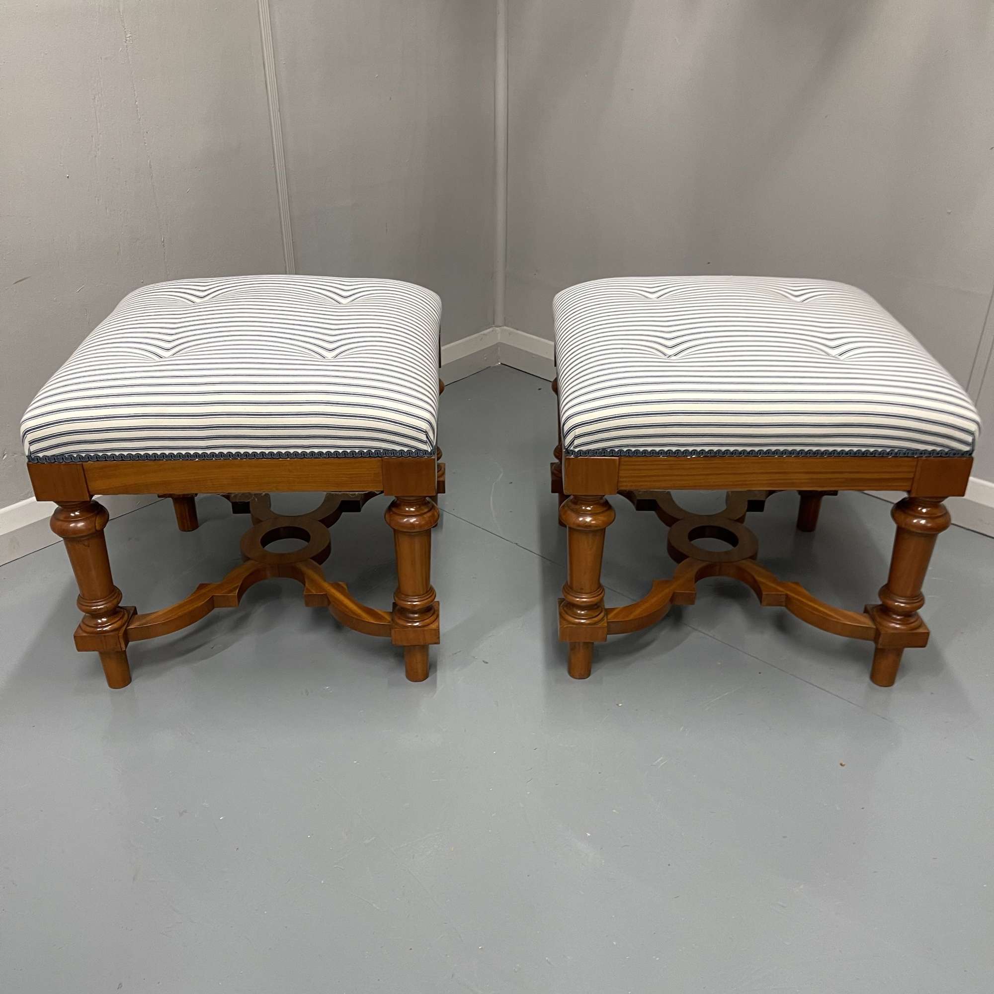 Pair Of Buttoned Ticking Stripe Satinwood Stools