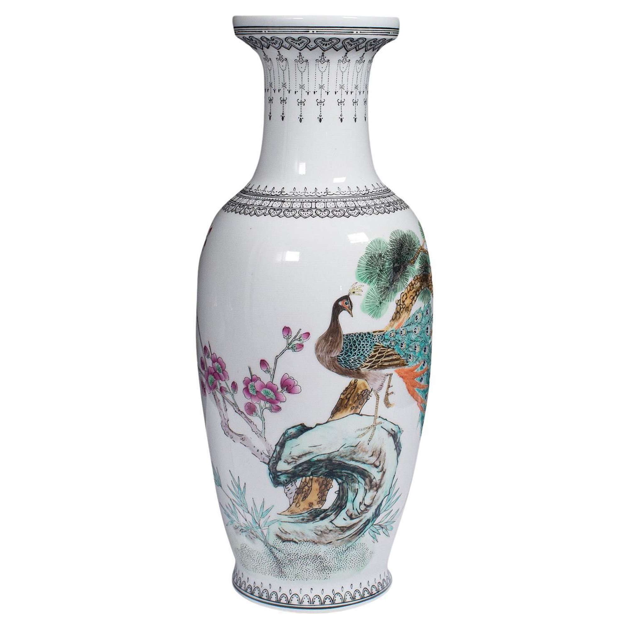 Vintage Flower Vase, Chinese, Ceramic, Decorative Urn, Peacock Motif, circa 1960